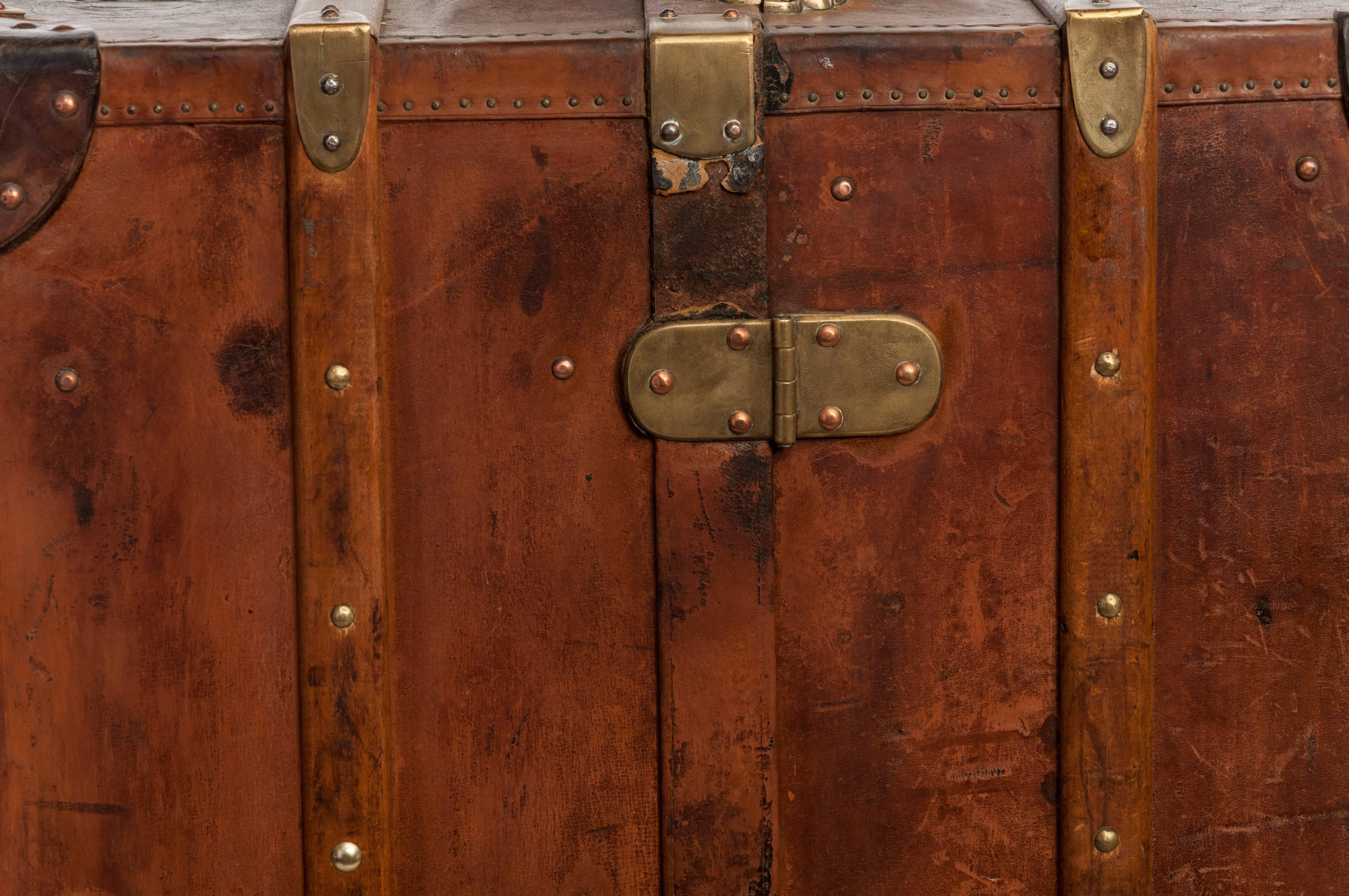 Brass Antique Leather Wardrobe Steamer Trunk For Sale