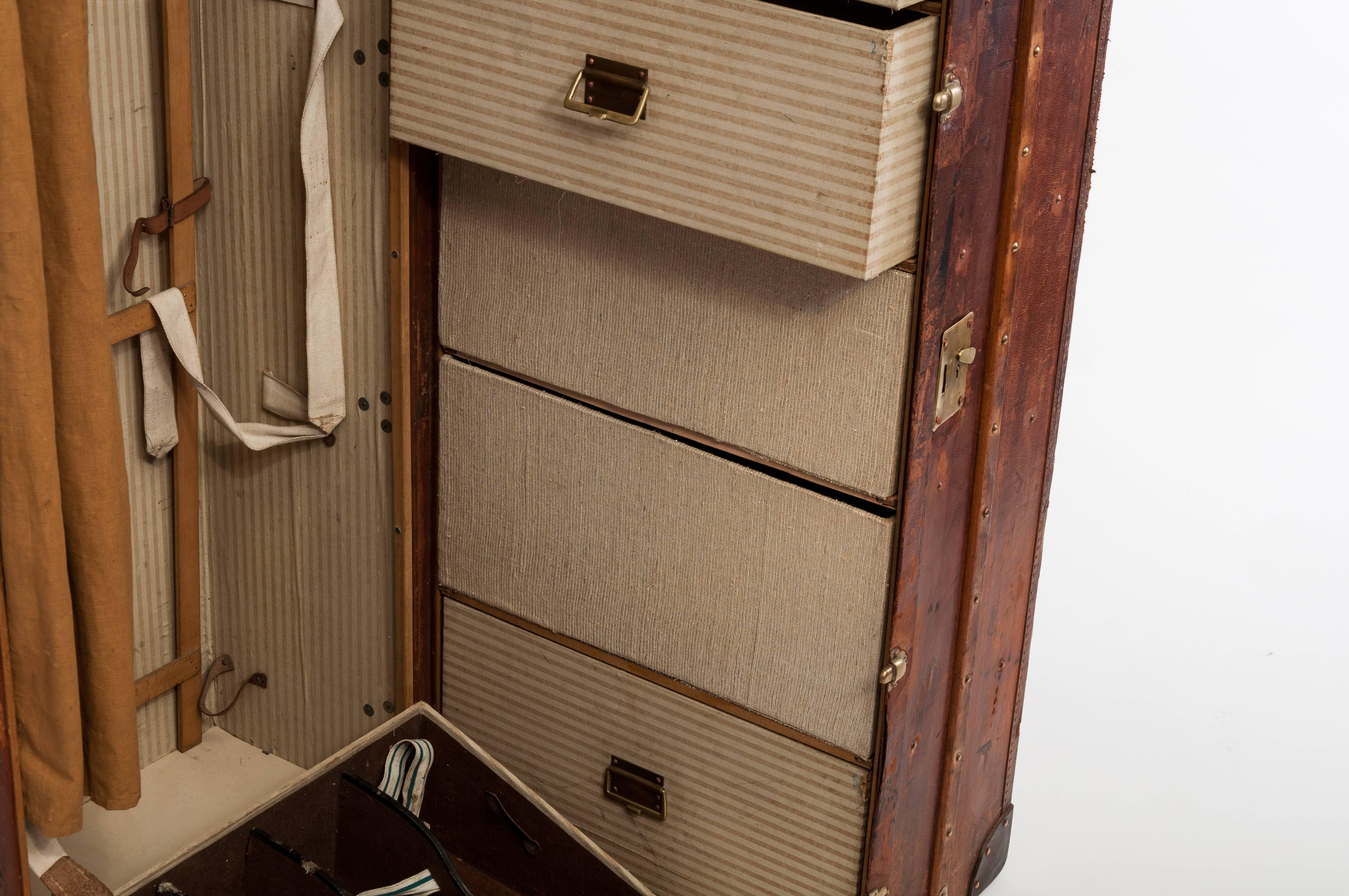 Antique Leather Wardrobe Steamer Trunk For Sale 4