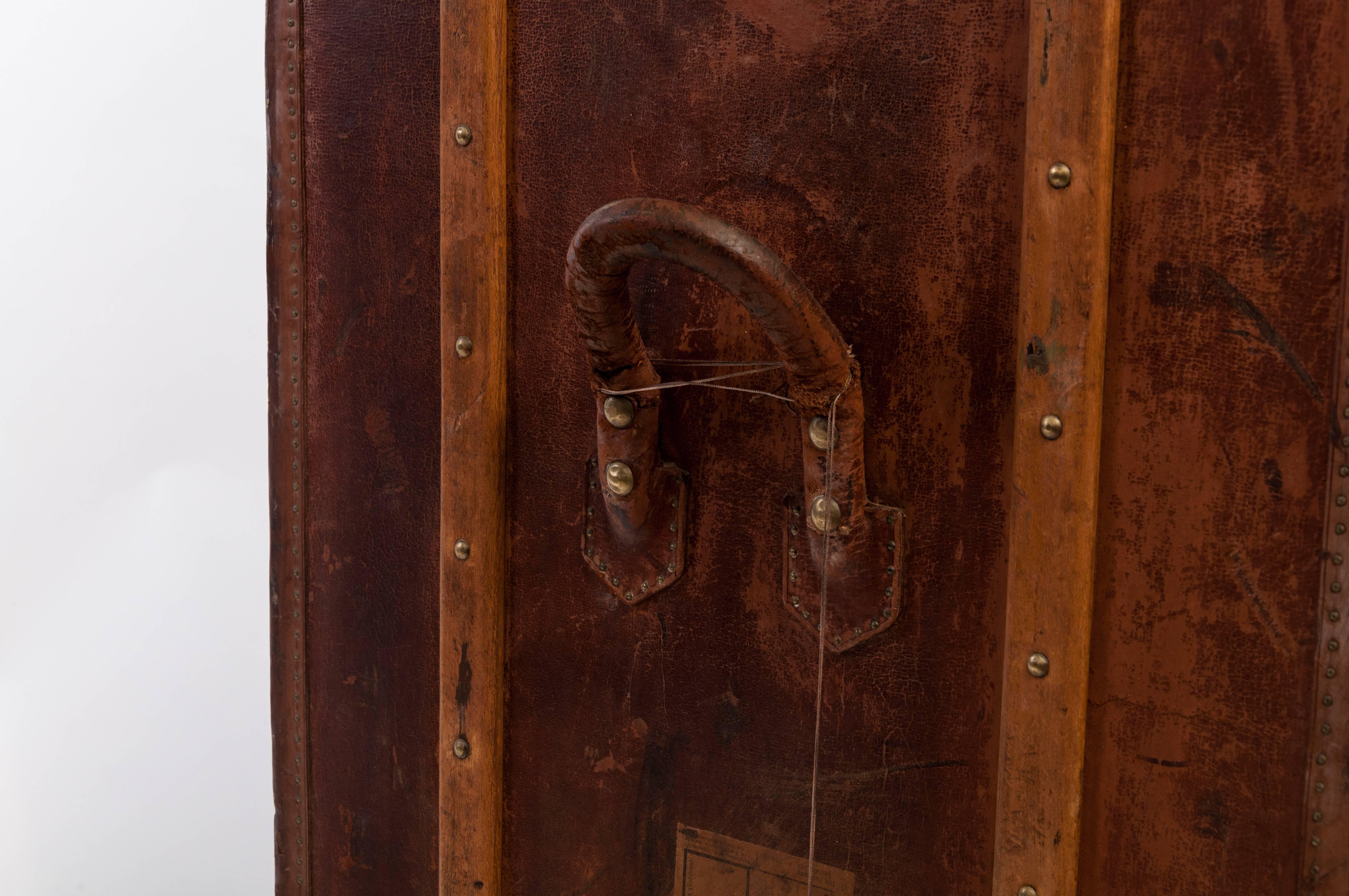 Antique Leather Wardrobe Steamer Trunk For Sale 8