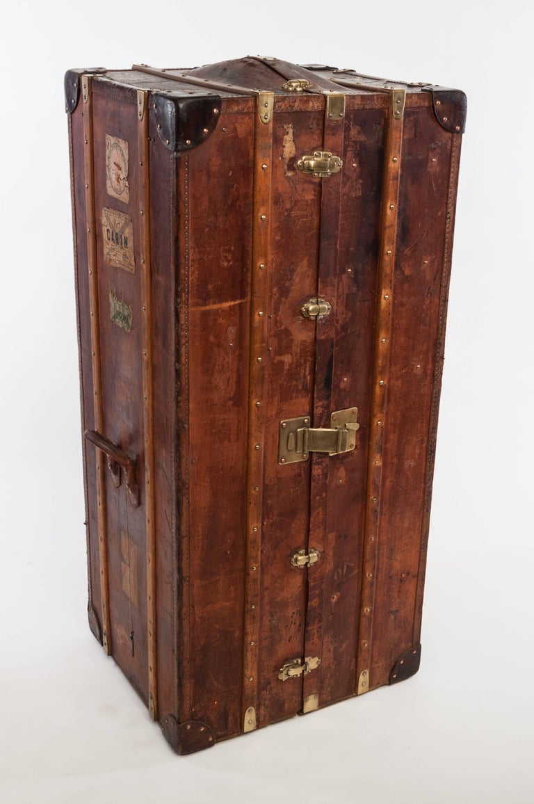 Antique Leather Wardrobe Steamer Trunk For Sale at 1stdibs