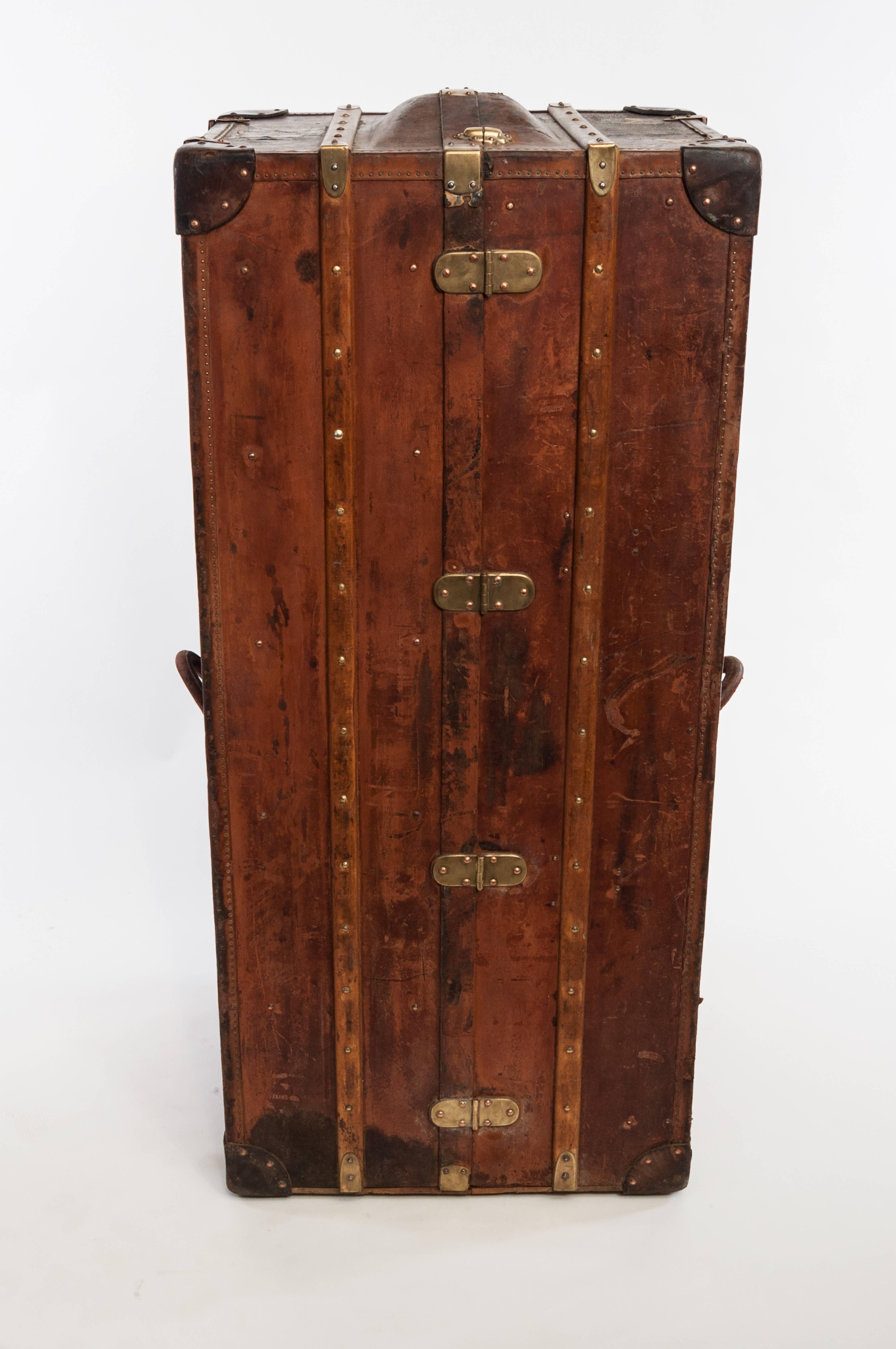 Early 20th Century Antique Leather Wardrobe Steamer Trunk For Sale