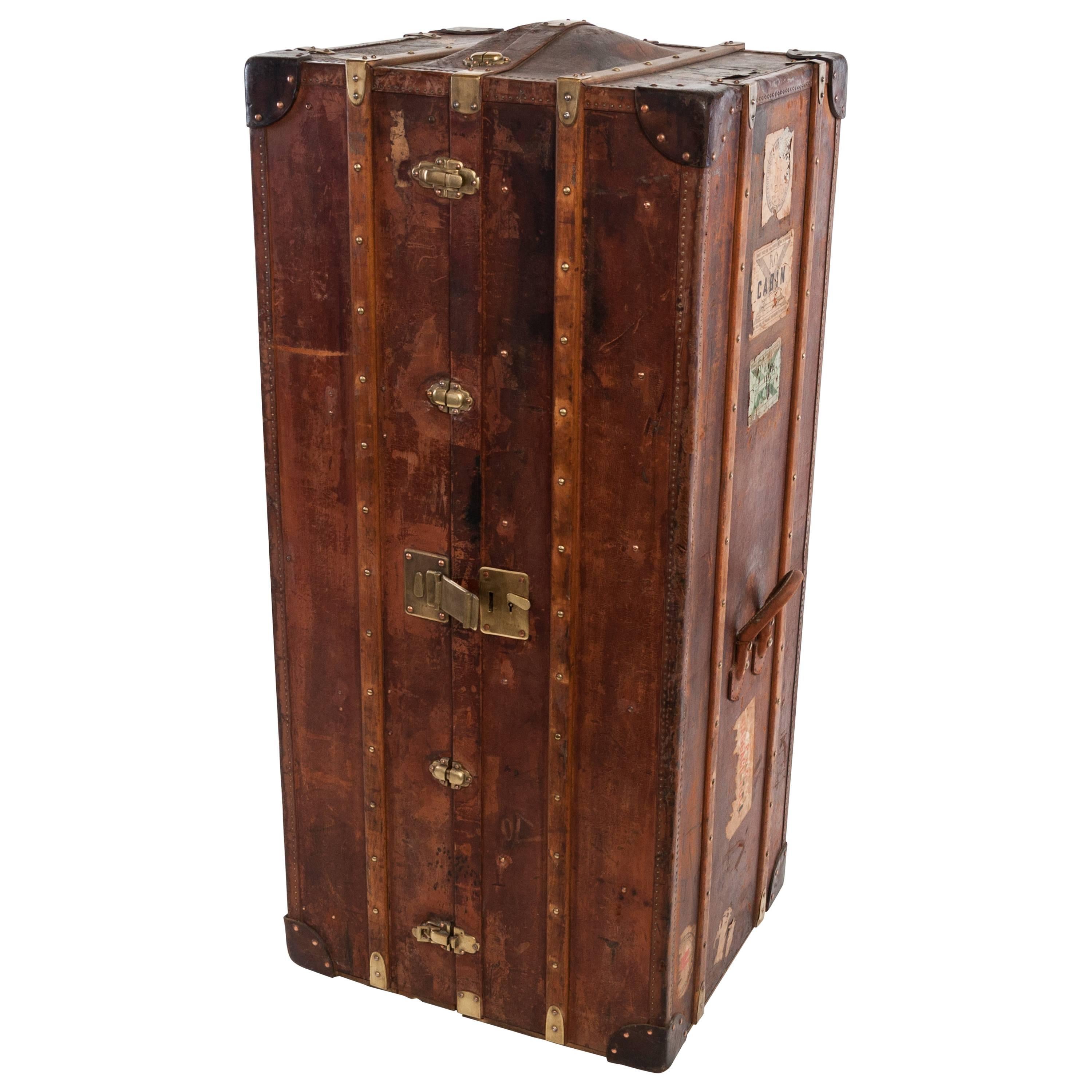 Antique Leather Wardrobe Steamer Trunk For Sale