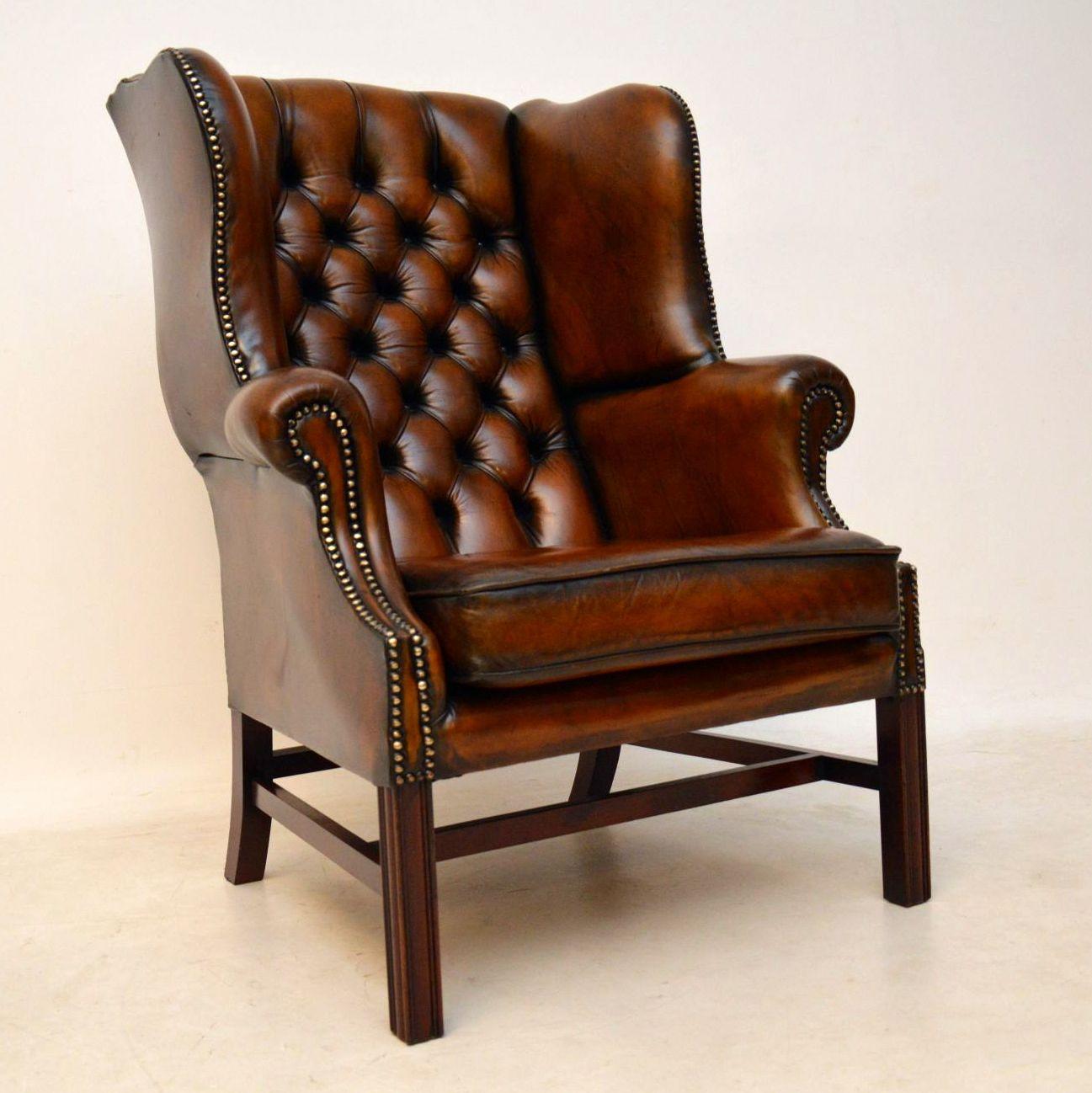 Antique Leather Wing Back Armchair 4