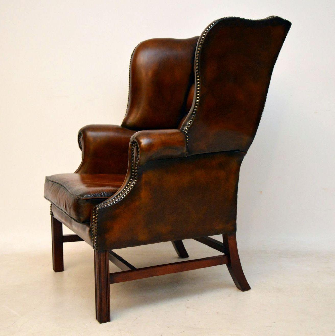 Chippendale Antique Leather Wing Back Armchair