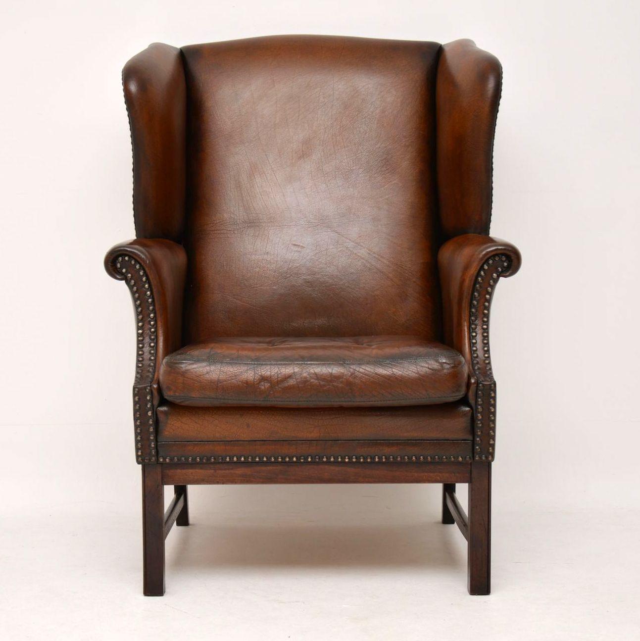 Edwardian Antique Leather Wing Back Armchair