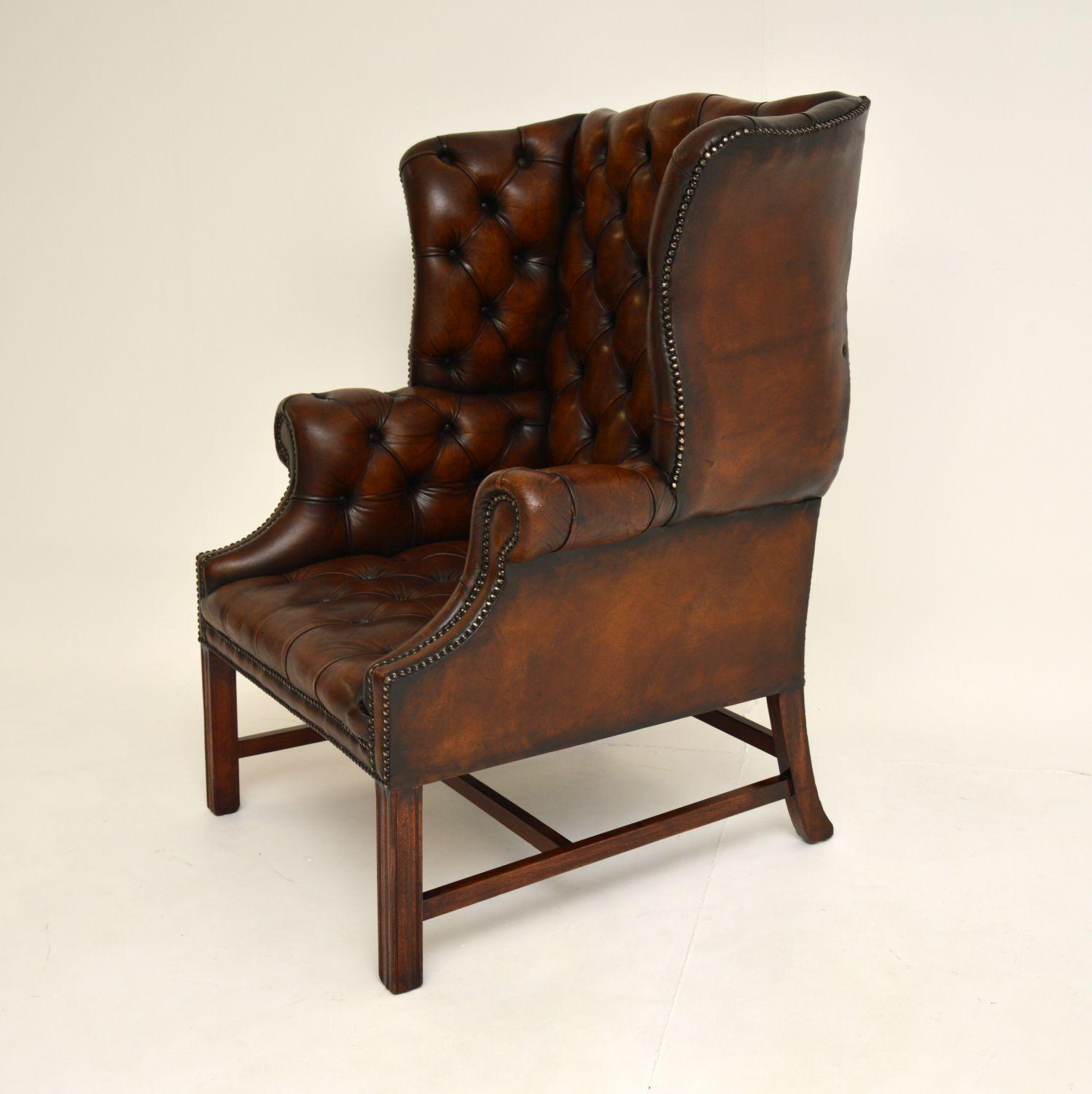 Chippendale Antique Leather Wing Back Armchair