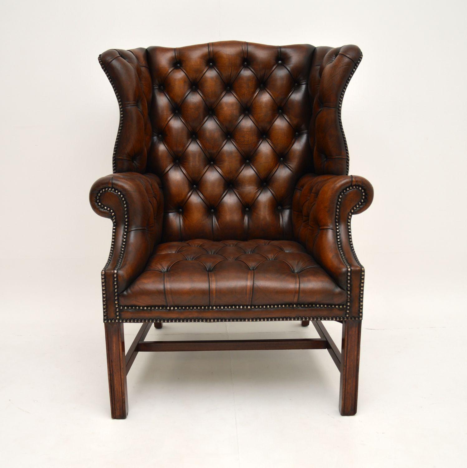 Chippendale Antique Leather Wing Back Armchair