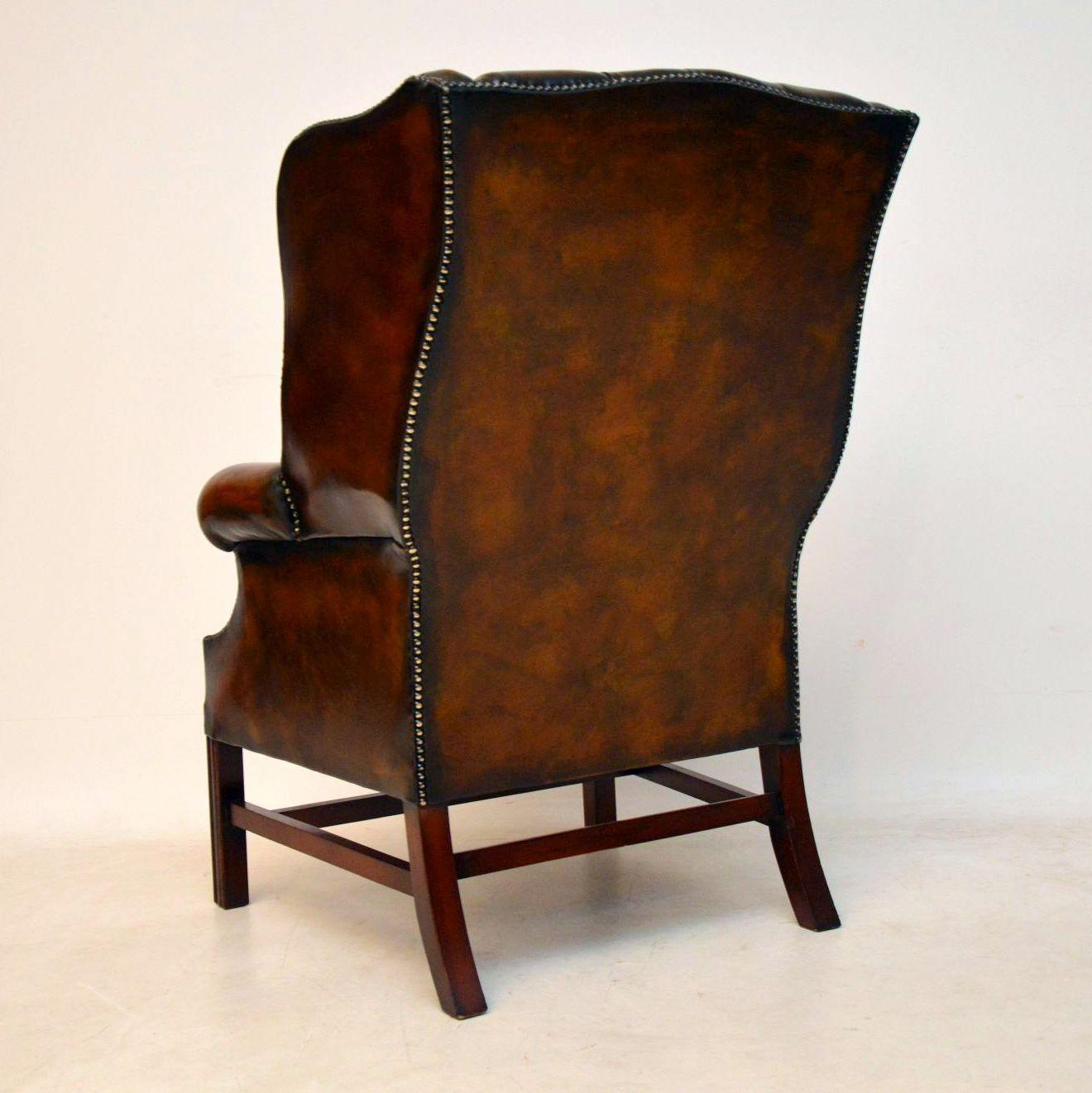 English Antique Leather Wing Back Armchair