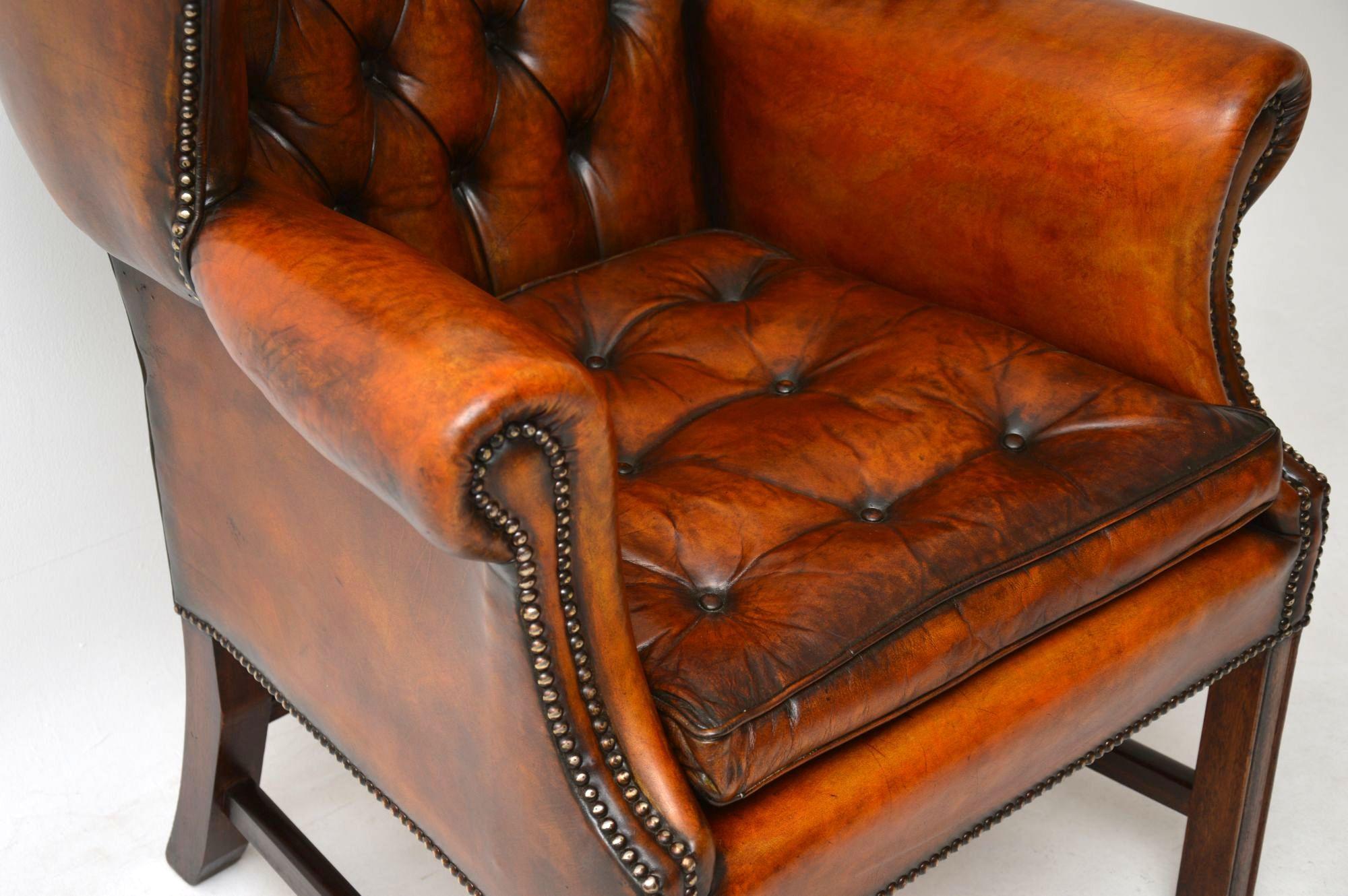 Edwardian Antique Leather Wingback Armchair