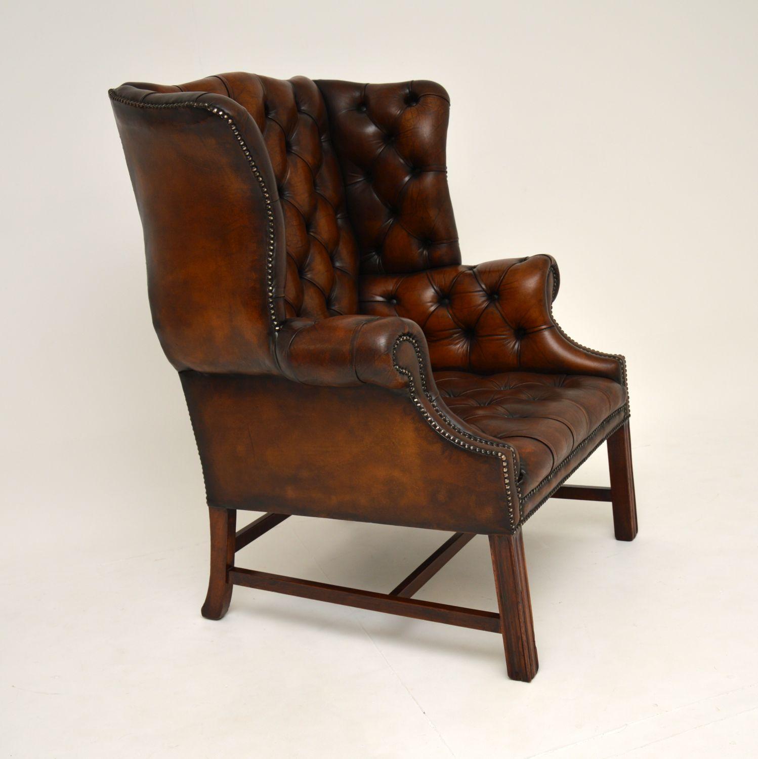 English Antique Leather Wing Back Armchair