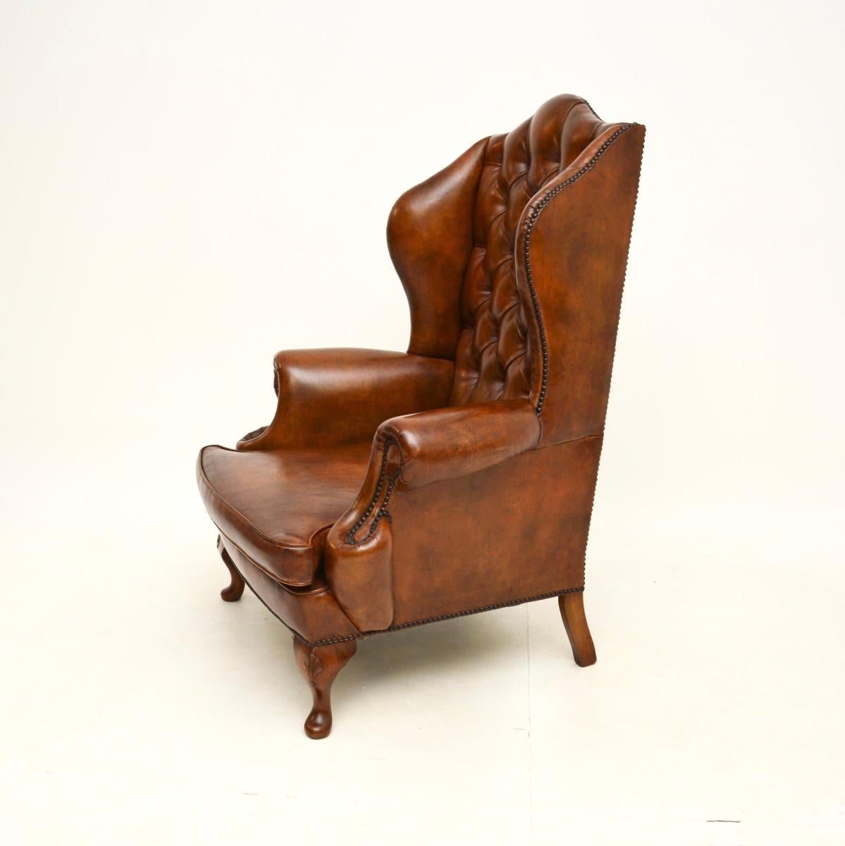 British Antique Leather Wing Back Armchair For Sale