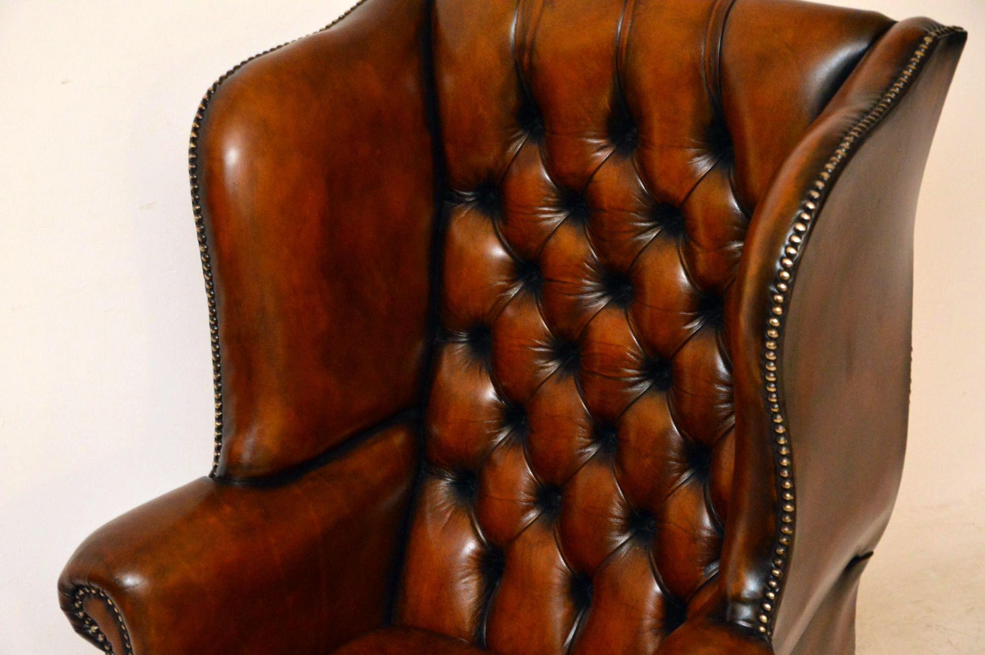 Mid-20th Century Antique Leather Wing Back Armchair