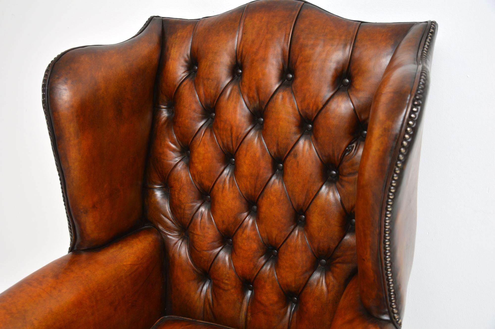 Antique Leather Wingback Armchair In Good Condition In London, GB