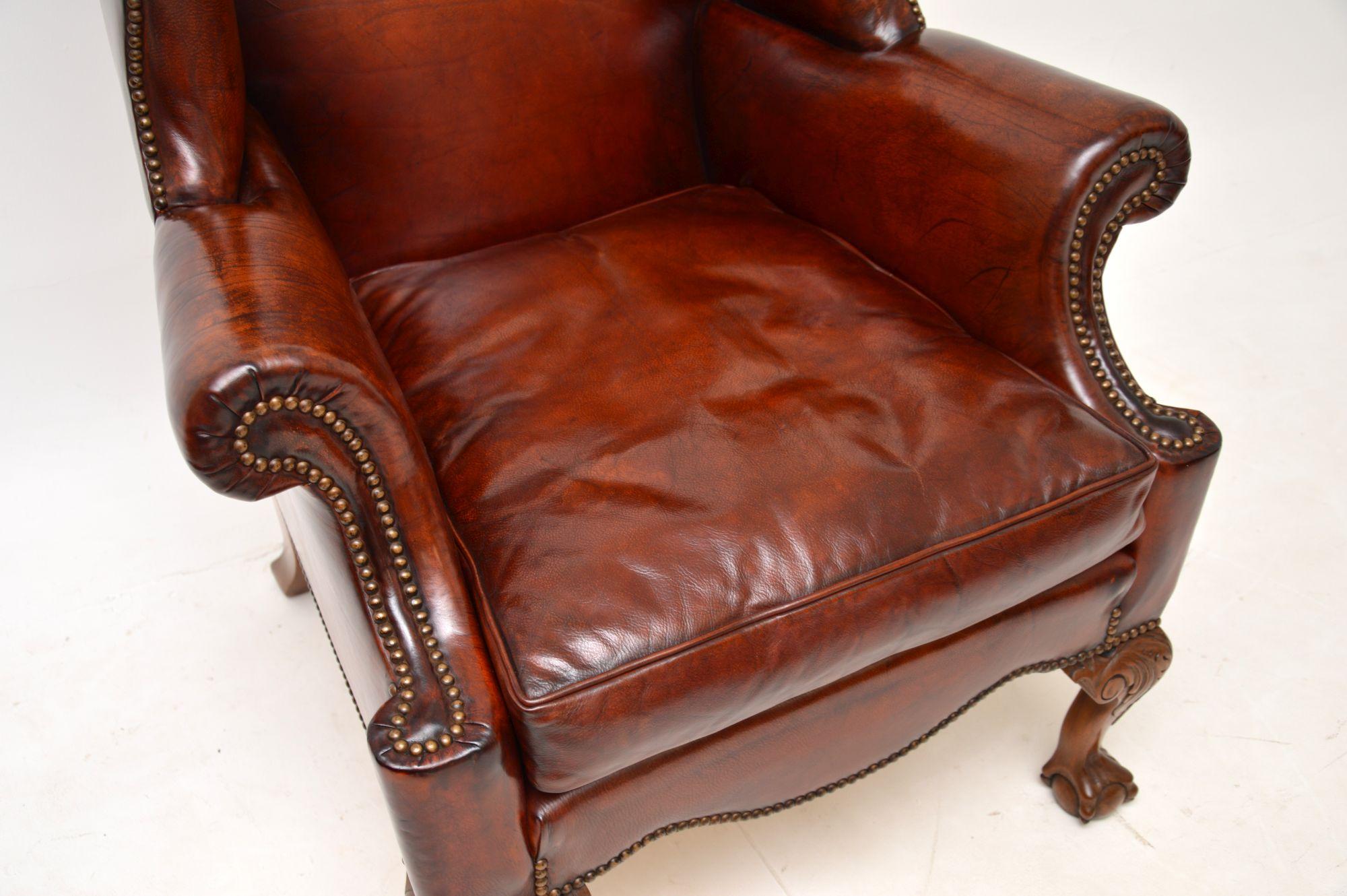 Mid-20th Century Antique Leather Wing Back Armchair