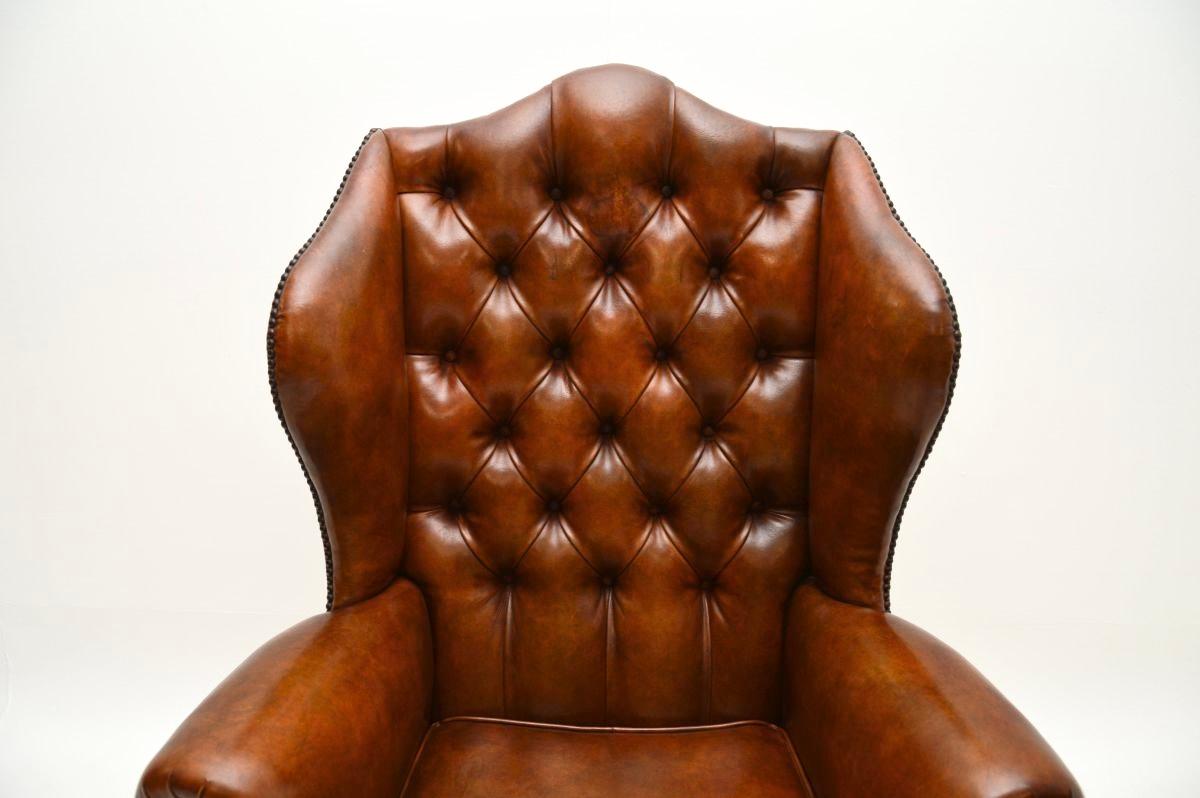 Antique Leather Wing Back Armchair For Sale 1