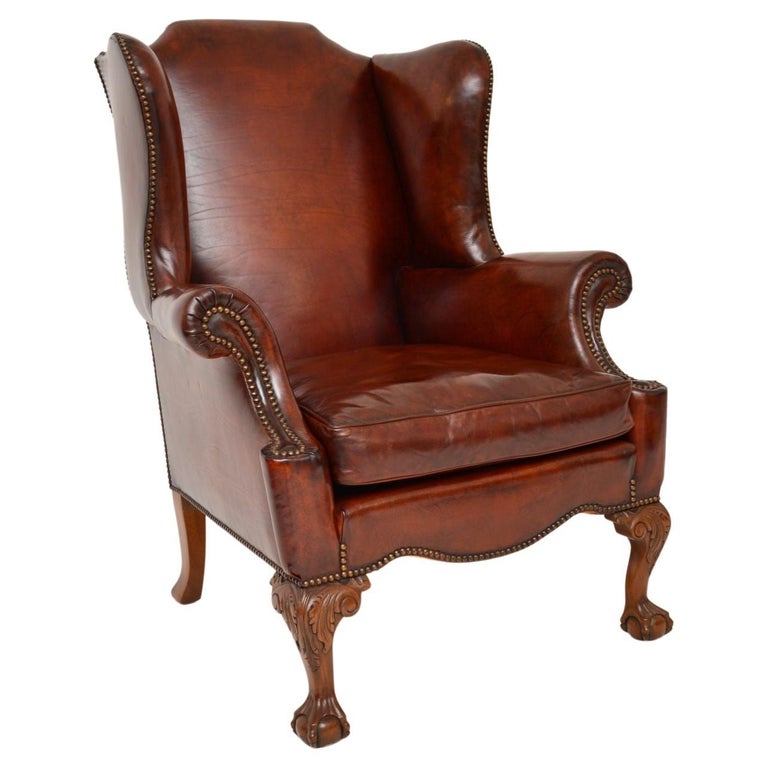 Antique Leather Wing Back Armchair For Sale at 1stDibs