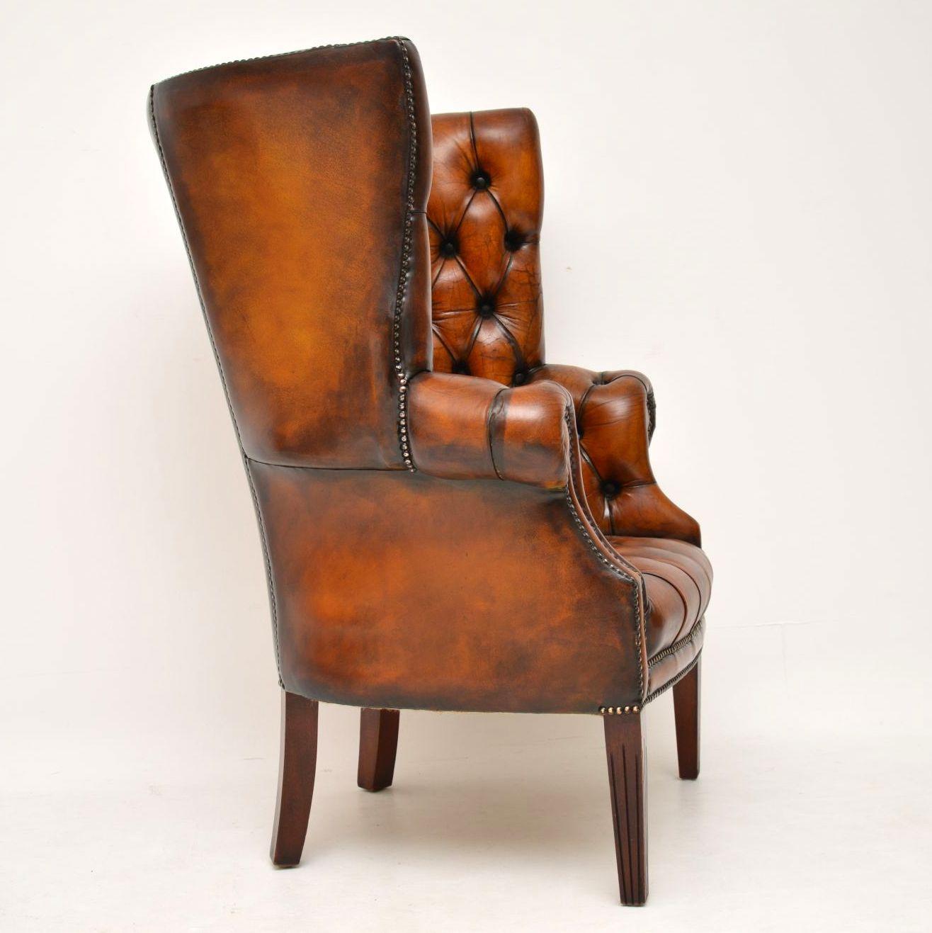 English Antique Leather Wing Back Barrel Armchair