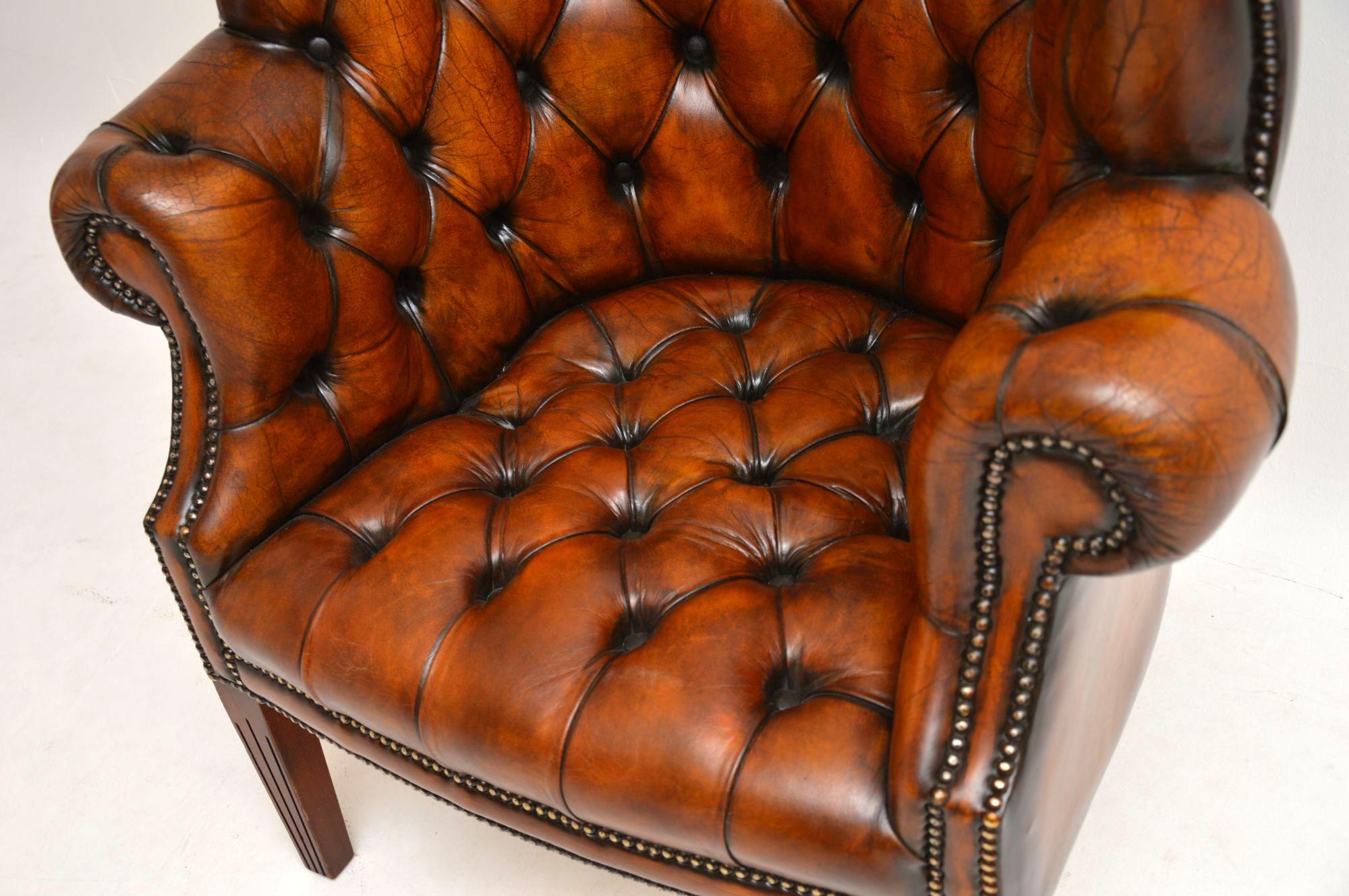 Antique Leather Wing Back Barrel Armchair In Good Condition In London, GB