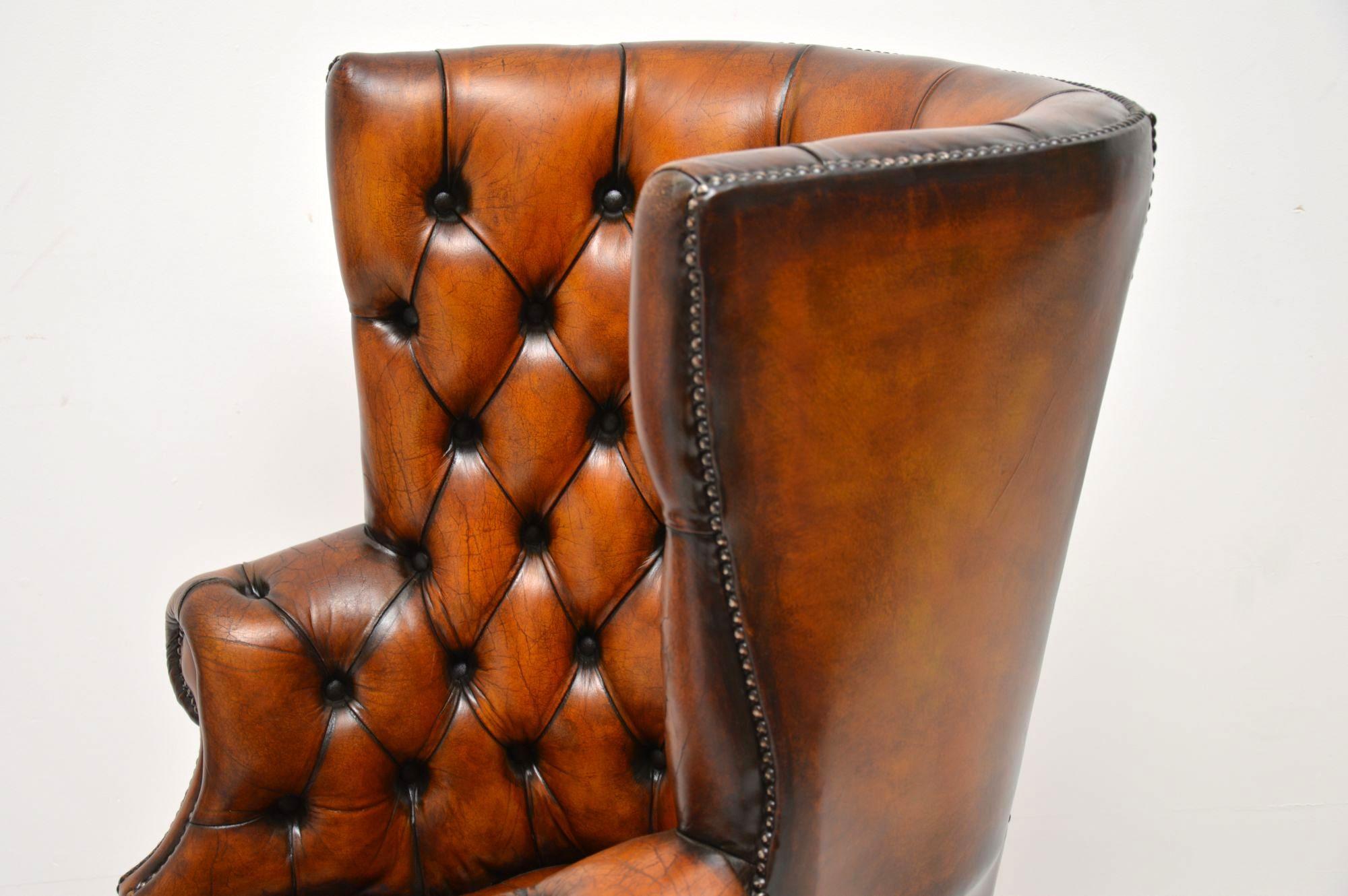 Mid-20th Century Antique Leather Wing Back Barrel Armchair