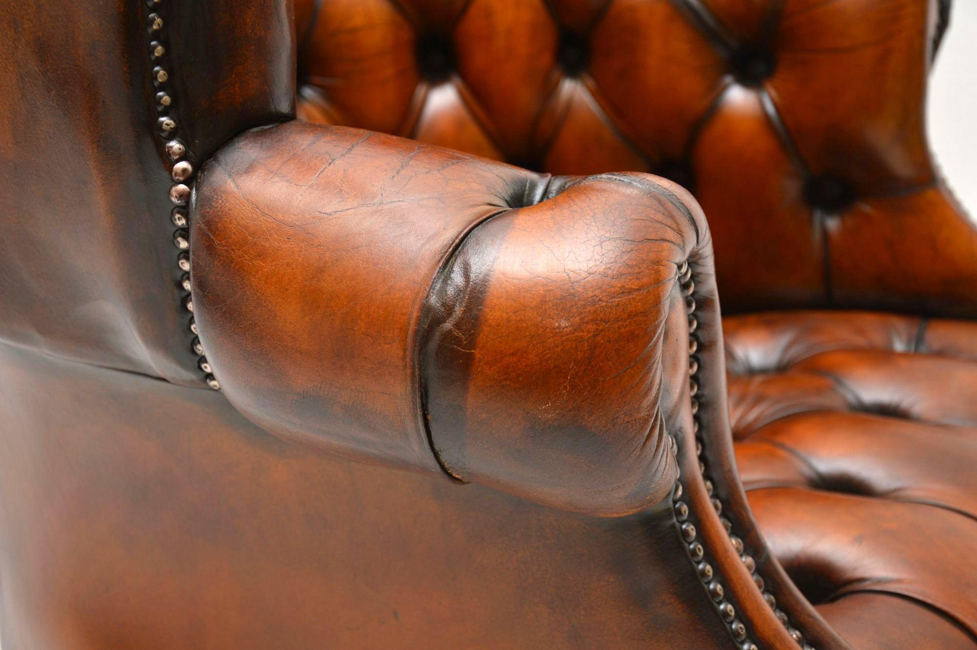 Antique Leather Wing Back Barrel Armchair 1