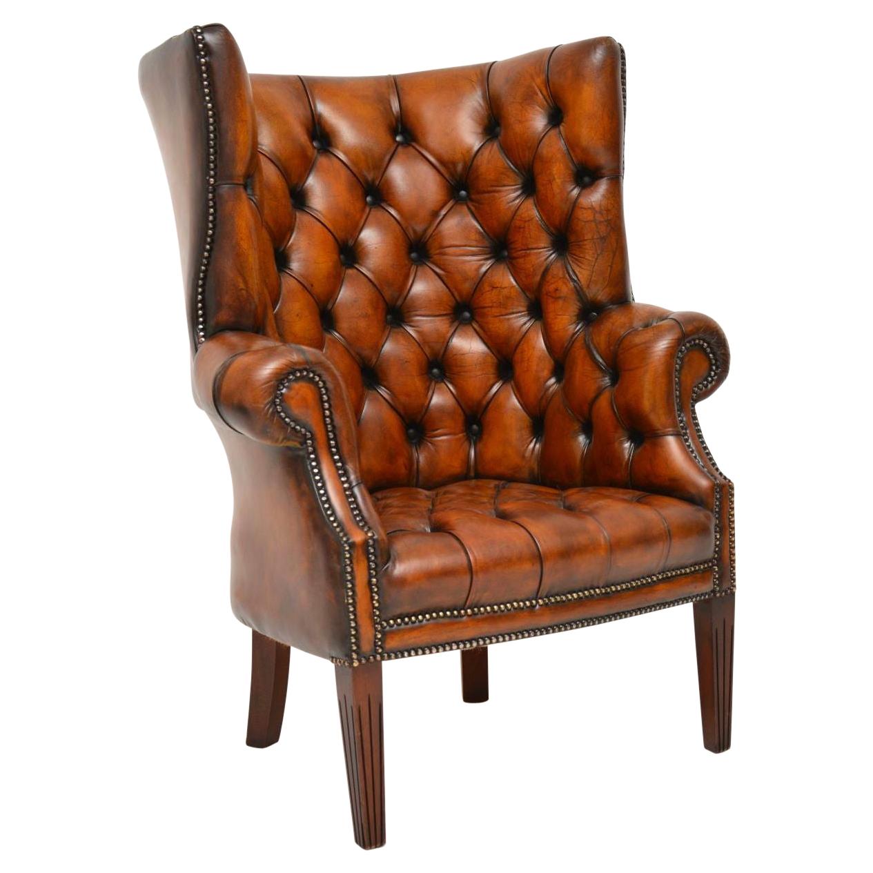 Antique Leather Wing Back Barrel Armchair