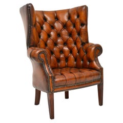 Antique Leather Wing Back Barrel Armchair