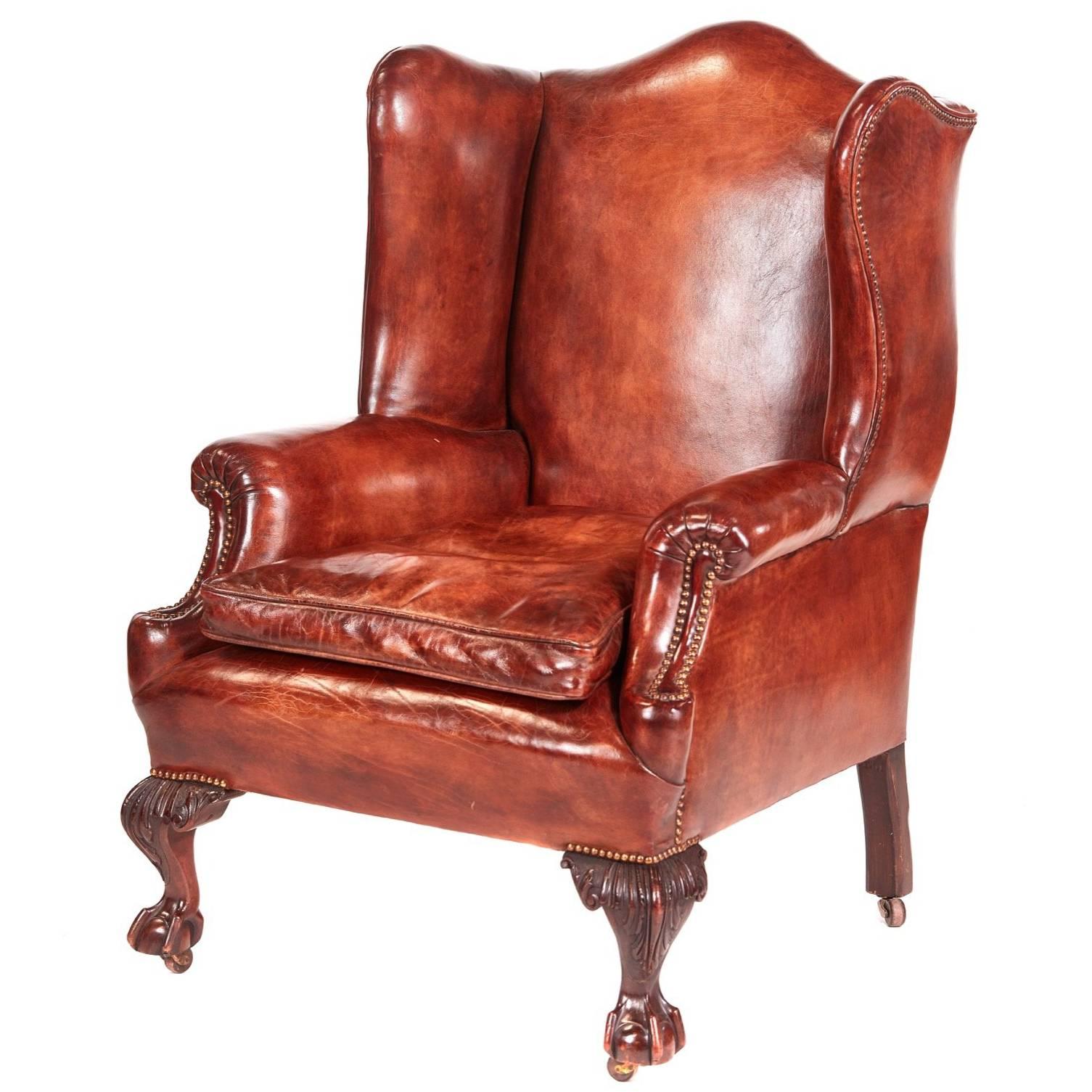 Antique Leather Wing Back Library Chair