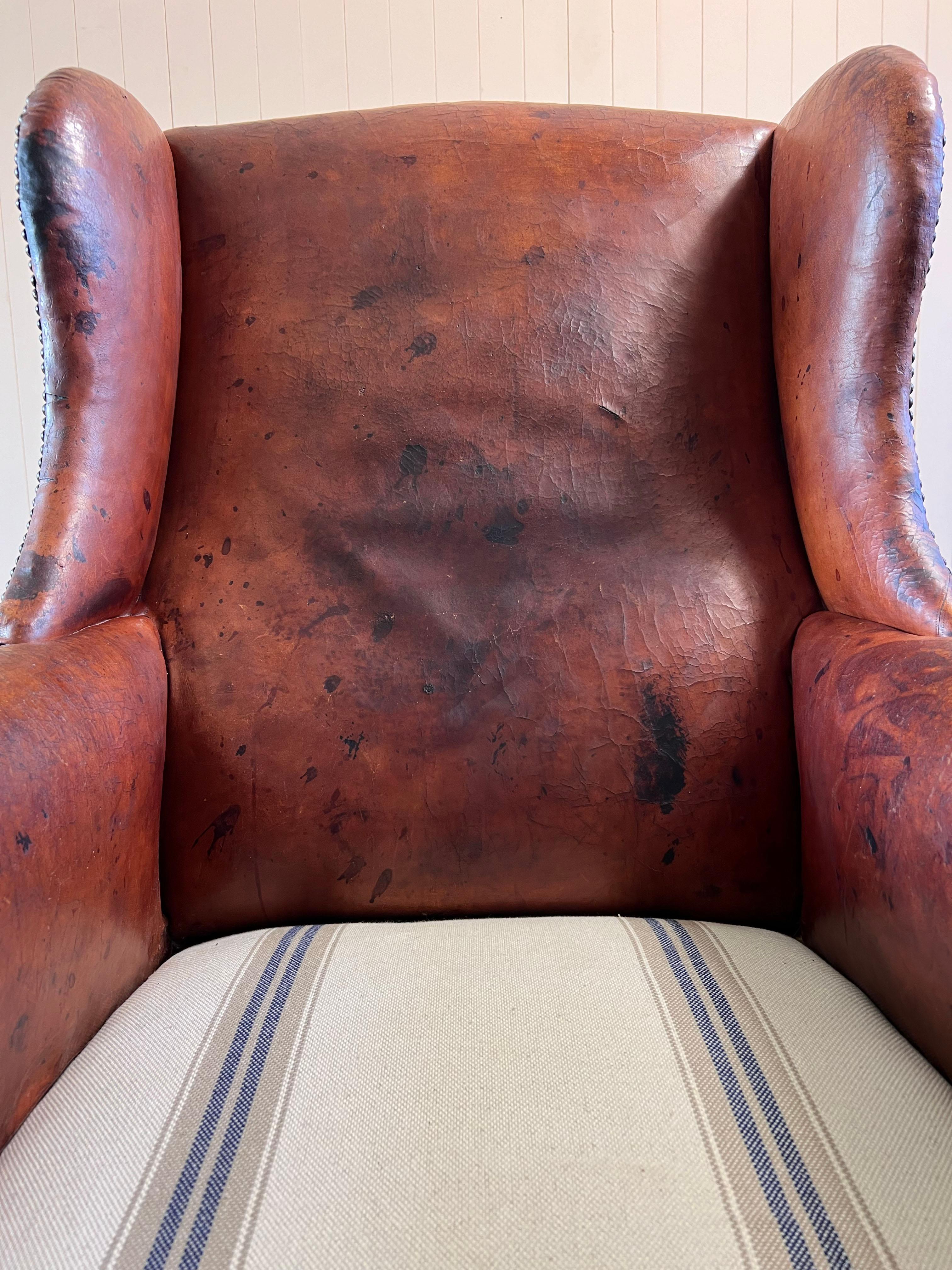Antique Leather Wingback Arm Chair For Sale 4