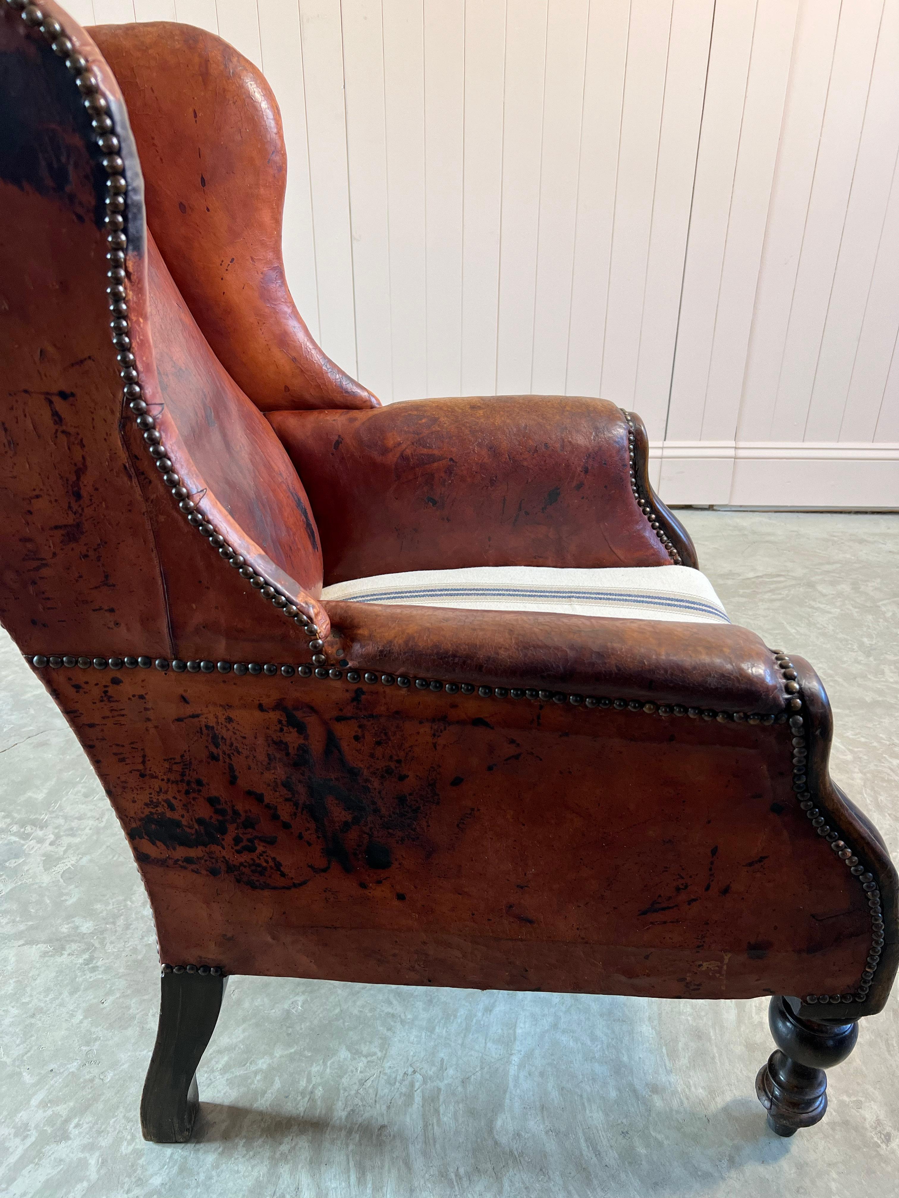 Victorian Antique Leather Wingback Arm Chair For Sale