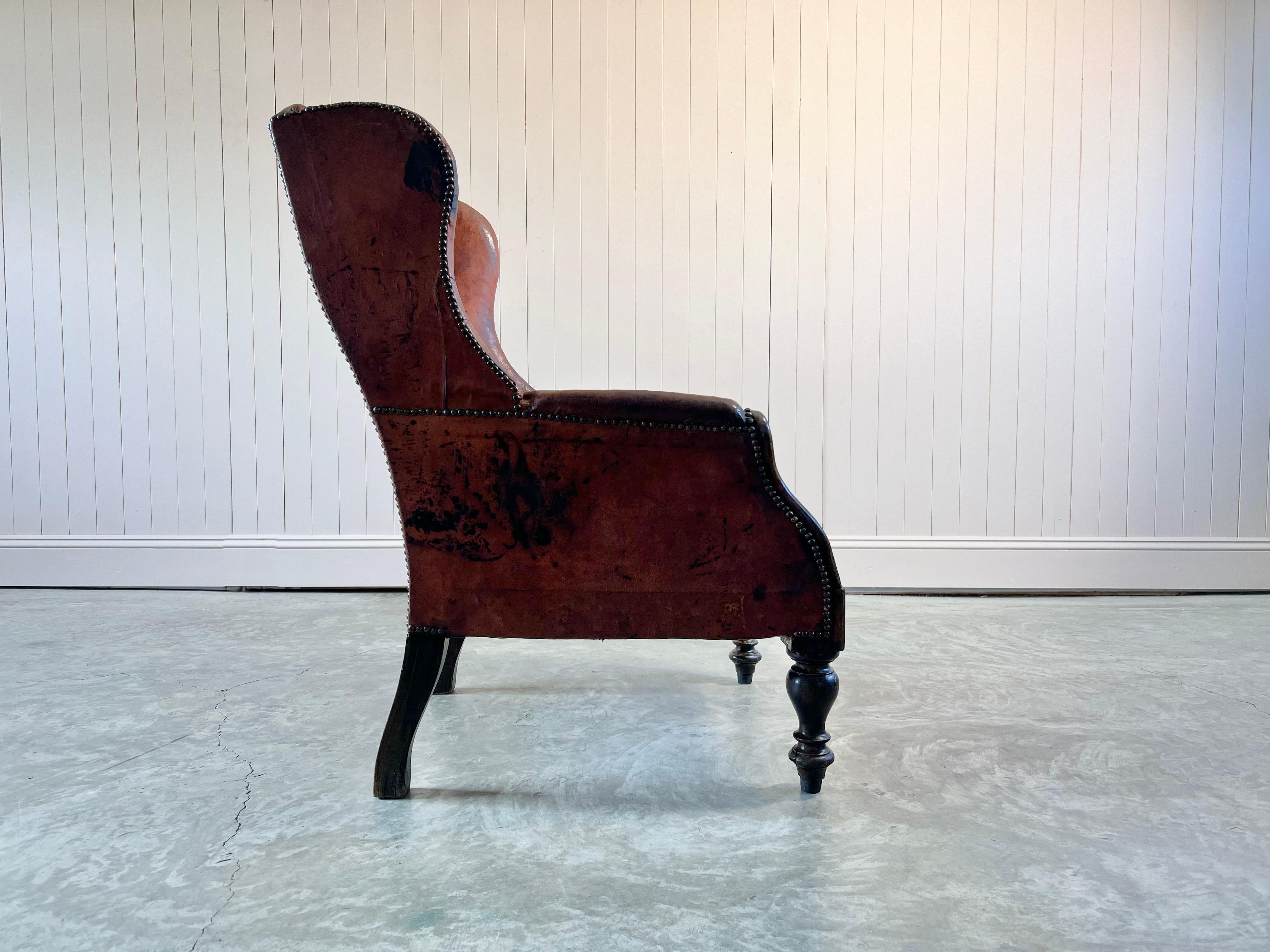 British Antique Leather Wingback Arm Chair For Sale