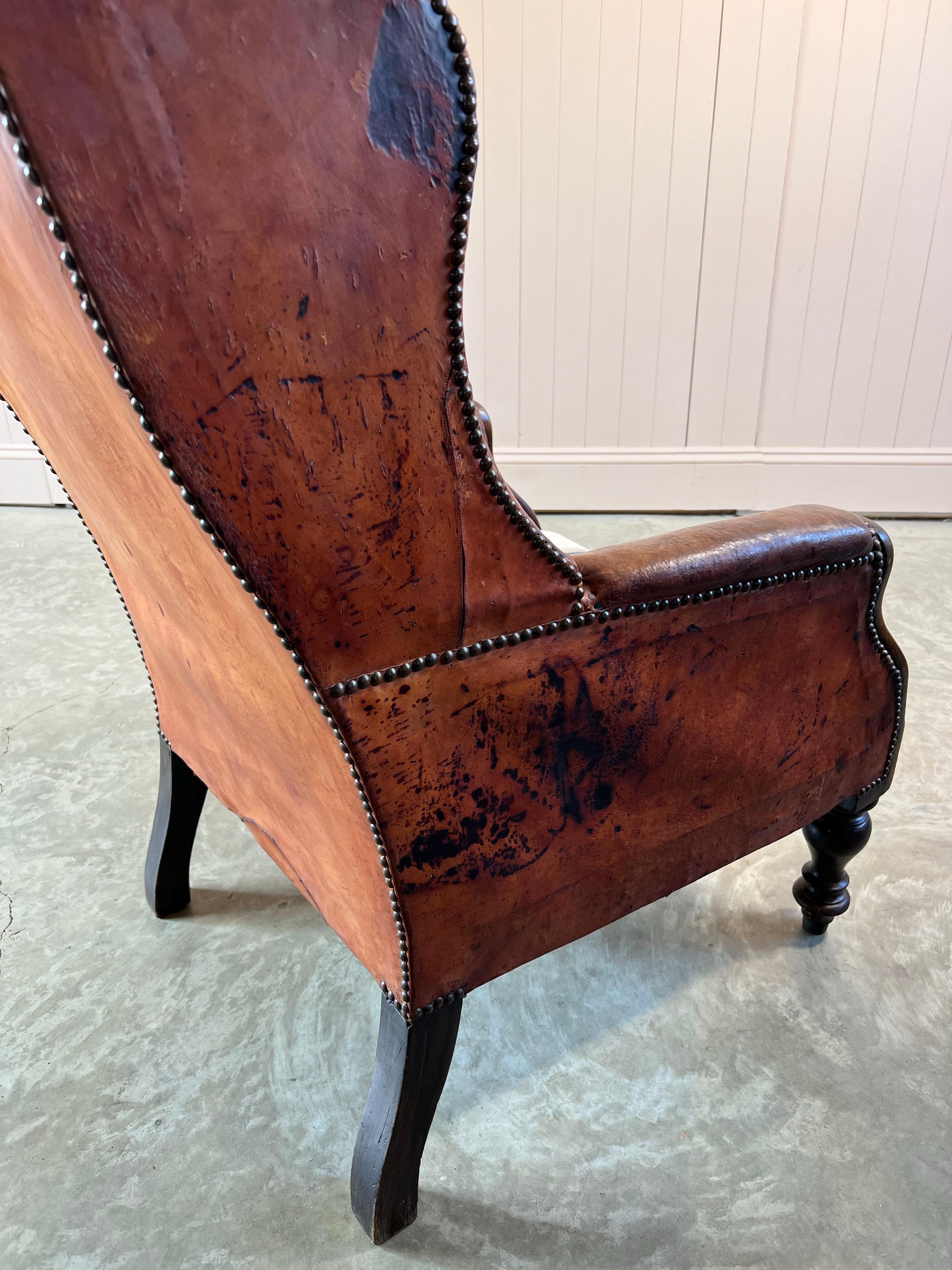 19th Century Antique Leather Wingback Arm Chair For Sale