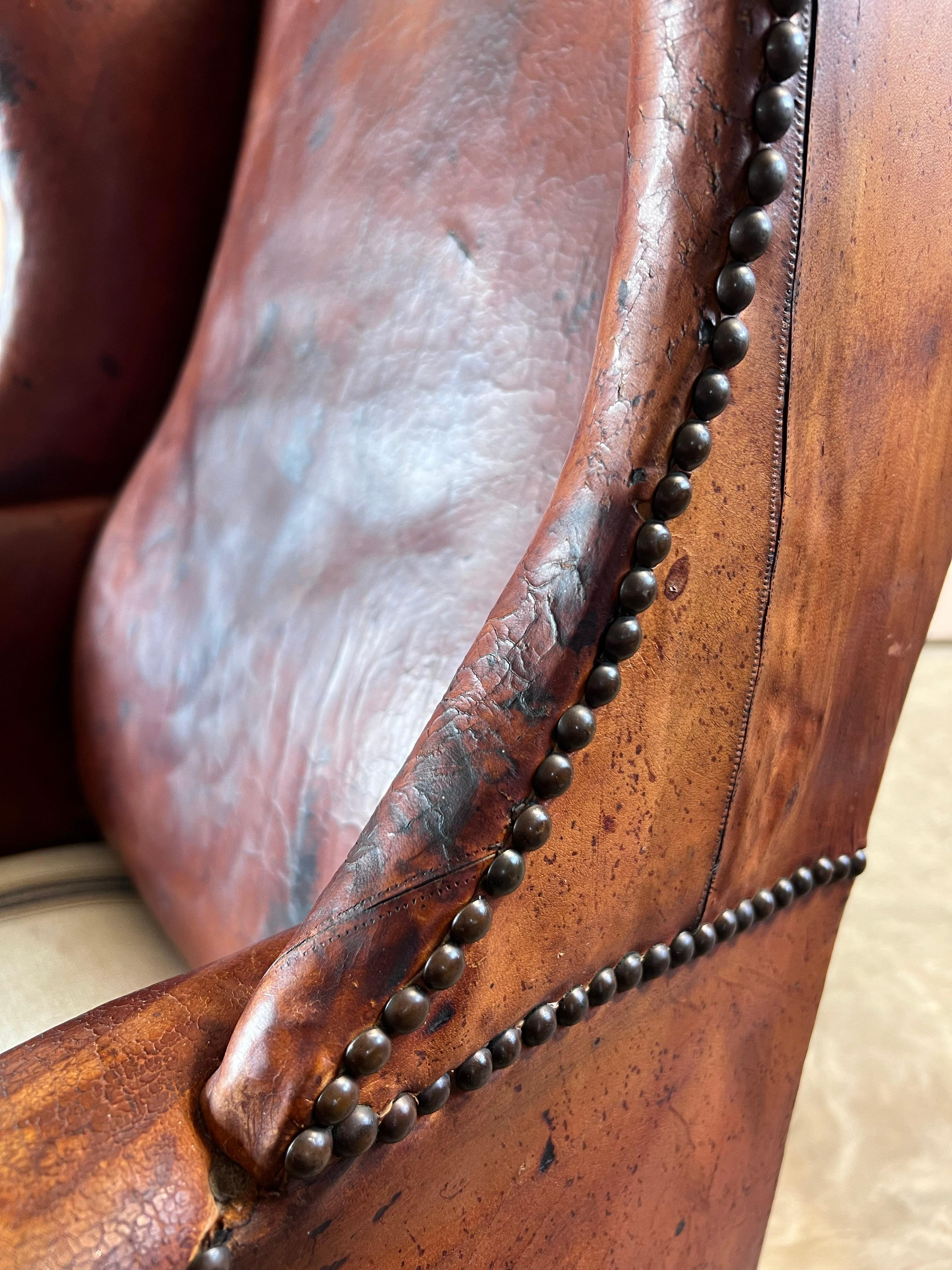 Antique Leather Wingback Arm Chair For Sale 1
