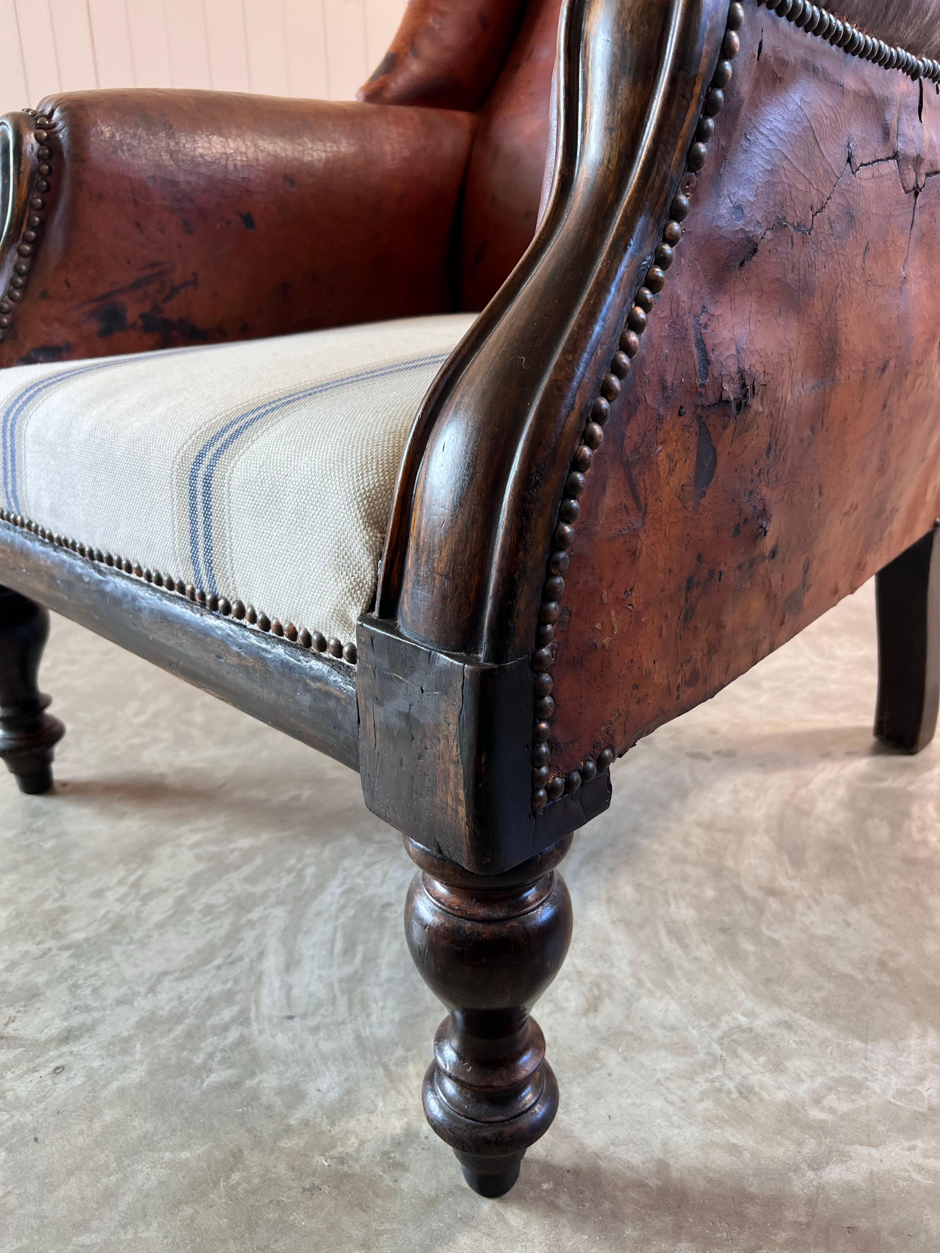 Antique Leather Wingback Arm Chair For Sale 2