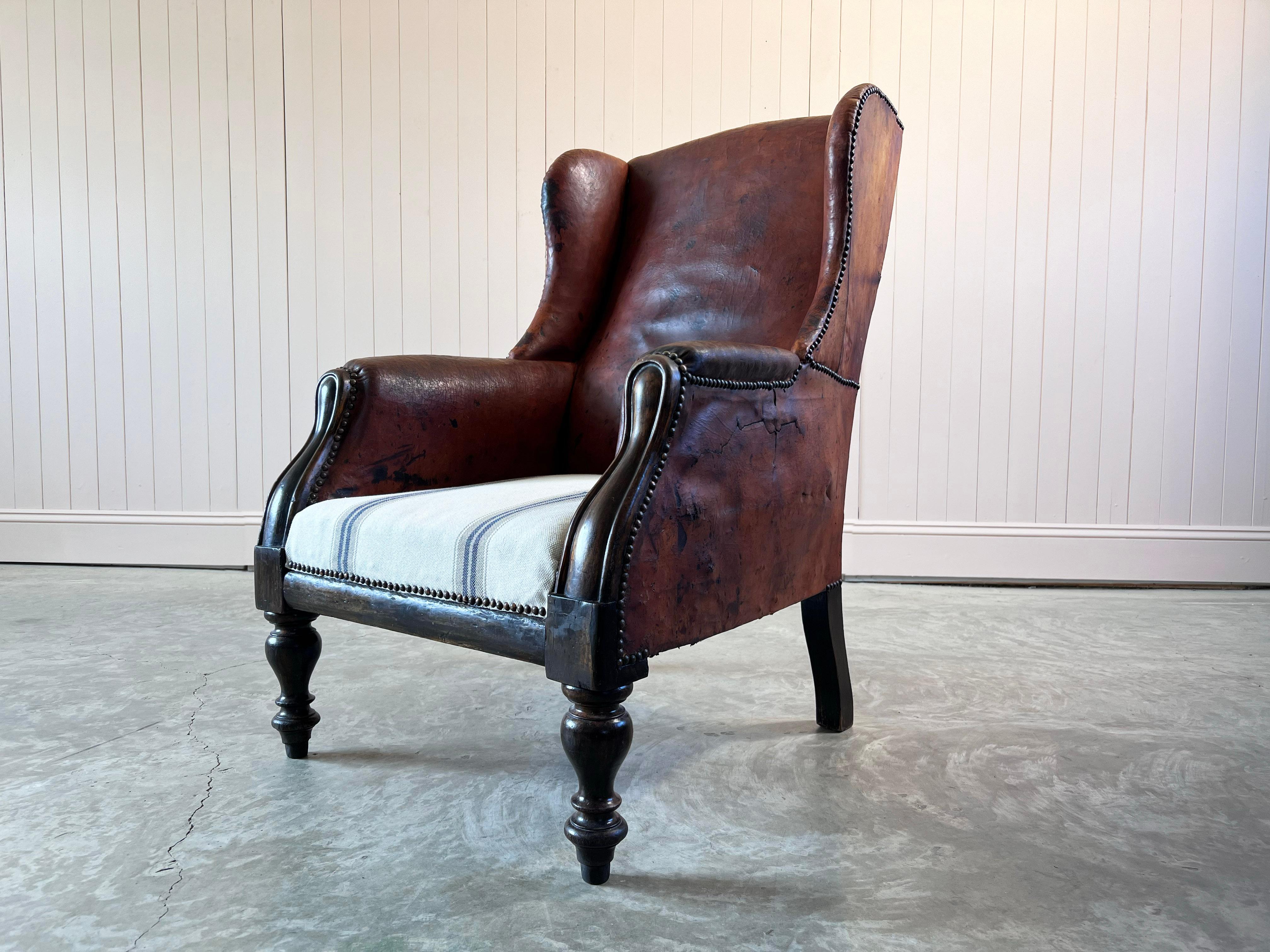Antique Leather Wingback Arm Chair For Sale 3