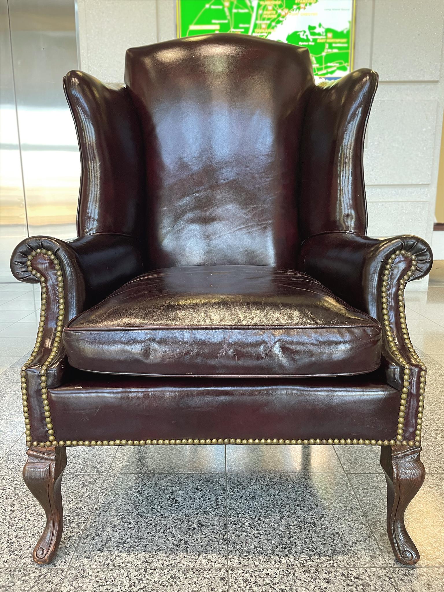 Antique Leather Wingback Armchair In Good Condition In New York, NY