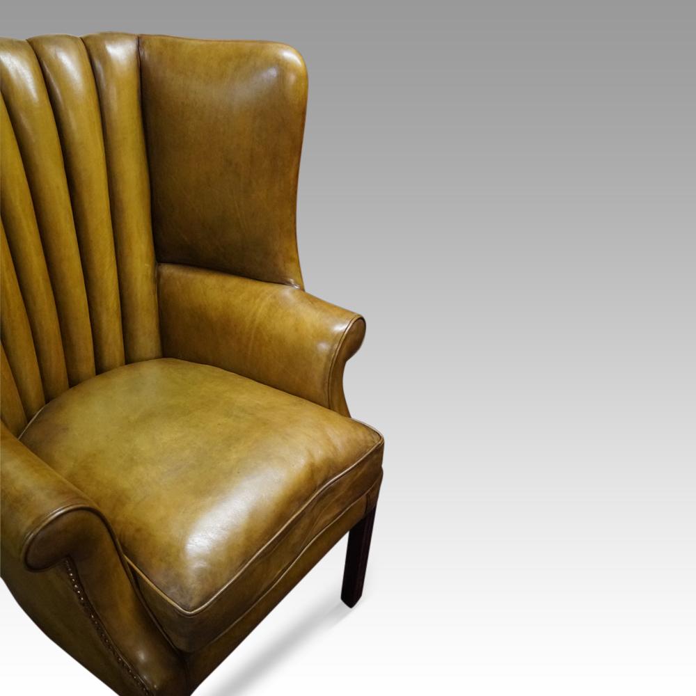19thc. barrel back leather wing chair 
This 19thc. barrel back leather wing chair was made in the early 19th. century.
Covered in fine English leather before being hand dyed and then the final specialist finish for the antique feel. The leather is