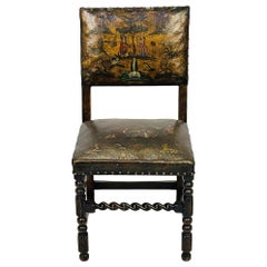 Antique Leather & Wood Chair With Painting on Seat & Backrest, Made in France