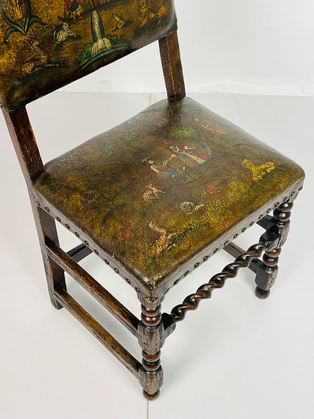 Antique Leather & Wood Chair With Painting on Seat & Backrest, Made in France 4