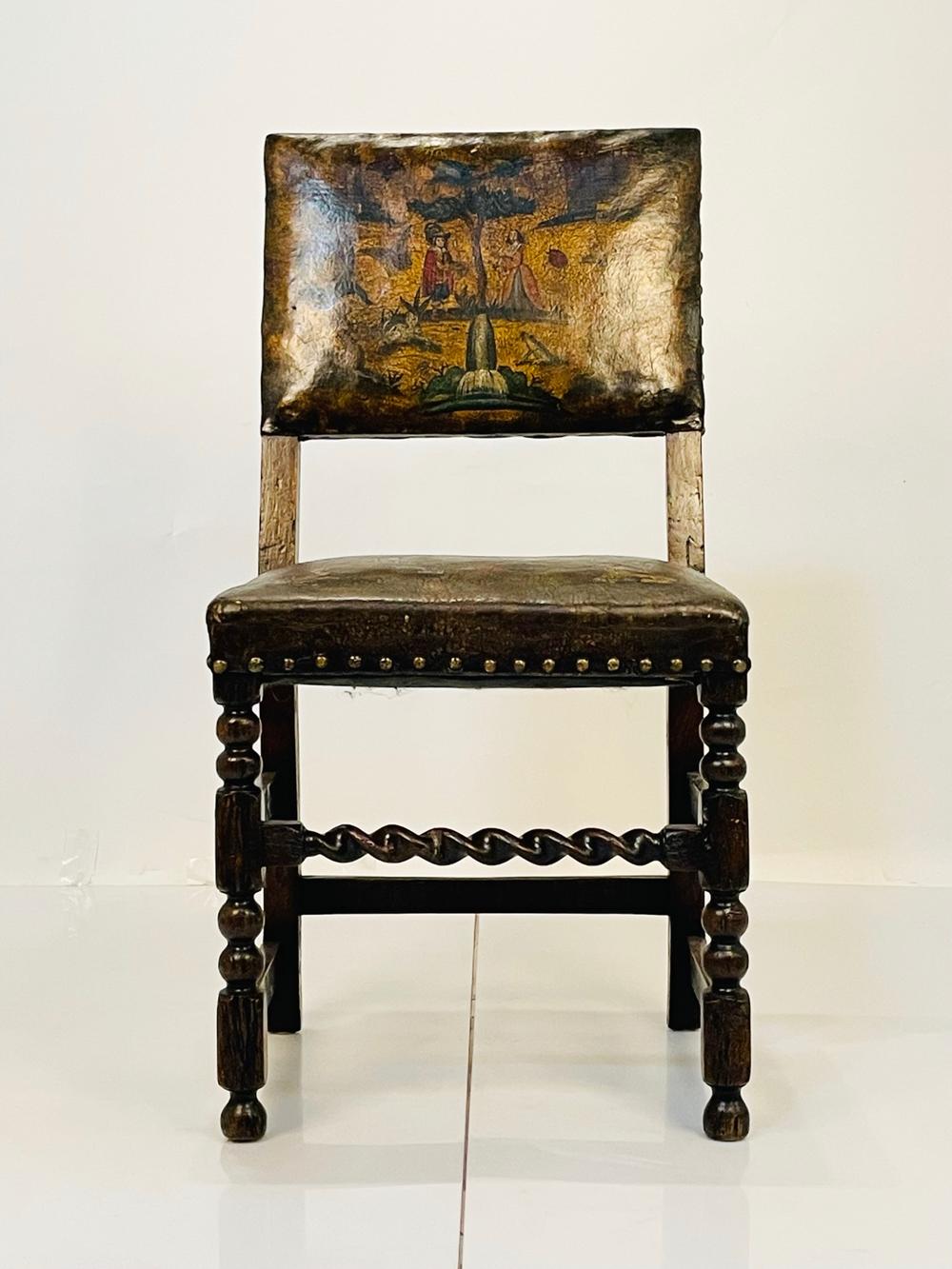 Introducing our exquisite Antique Leather & Wood Chair with a captivating painting on the seat and backrest, meticulously crafted in the heart of France. This remarkable piece of furniture seamlessly combines timeless elegance with artistic flair,