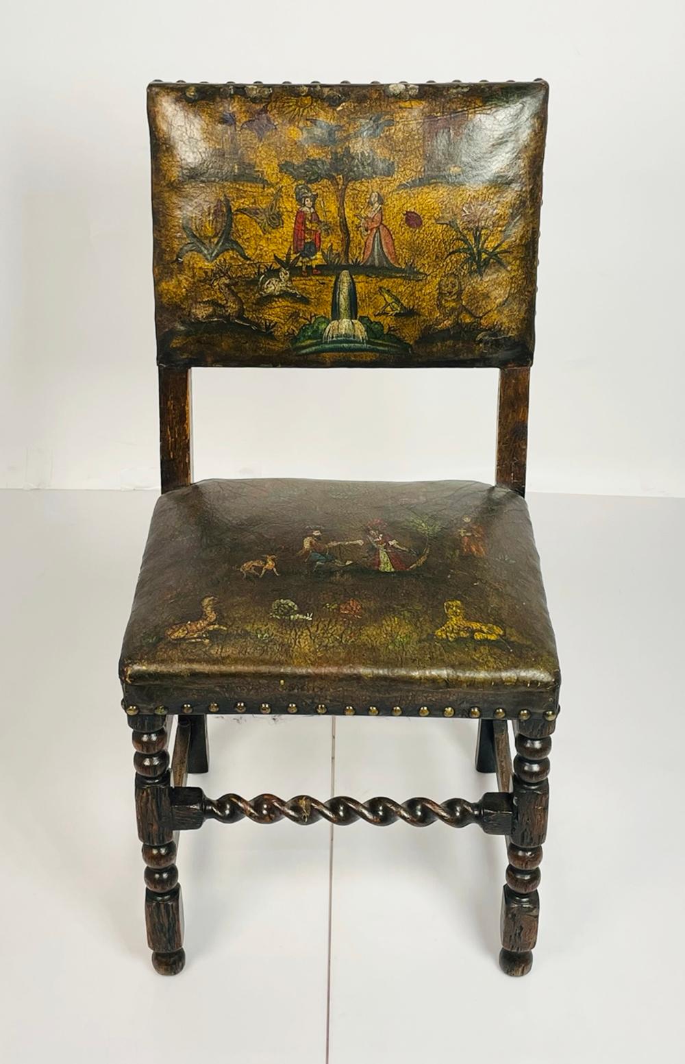 French Provincial Antique Leather & Wood Chair With Painting on Seat & Backrest, Made in France