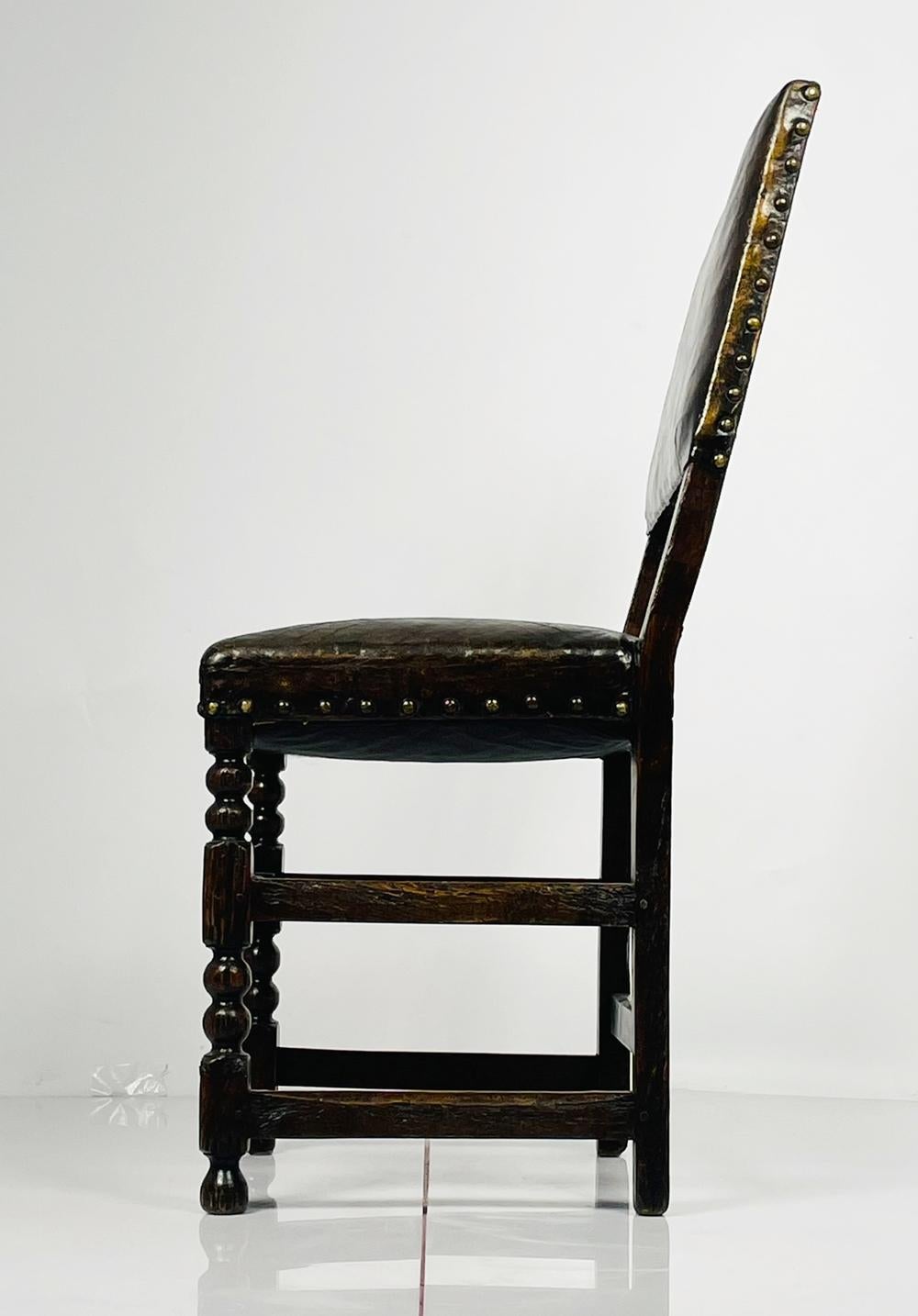 French Antique Leather & Wood Chair With Painting on Seat & Backrest, Made in France