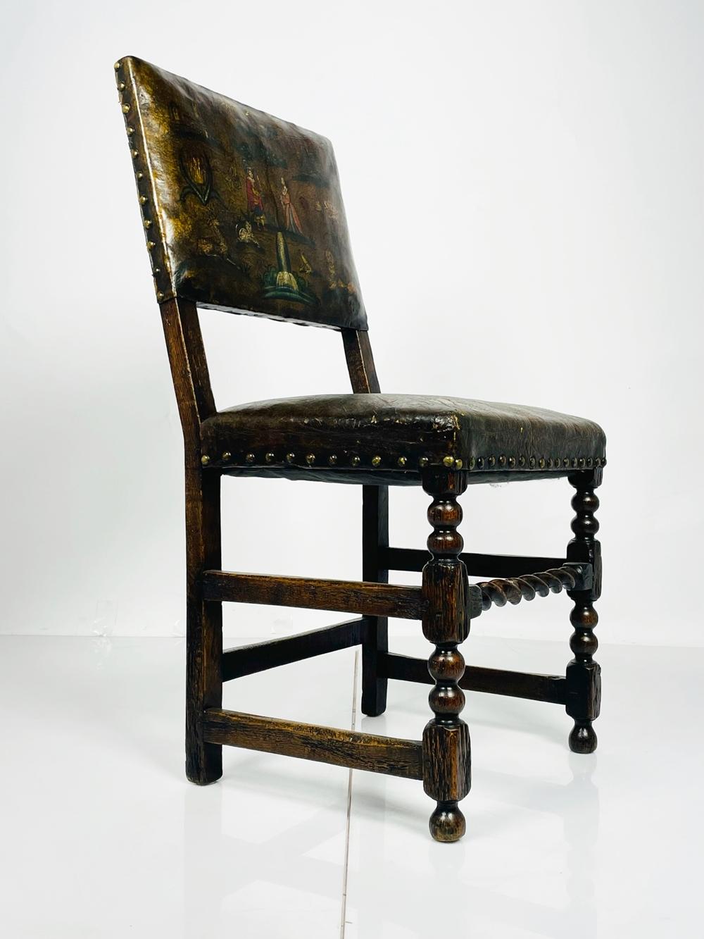 Antique Leather & Wood Chair With Painting on Seat & Backrest, Made in France In Good Condition In Los Angeles, CA