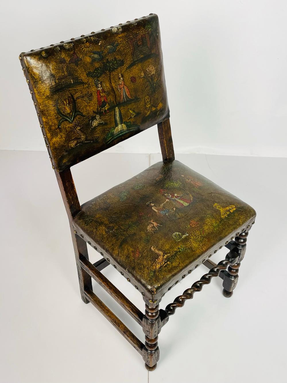 20th Century Antique Leather & Wood Chair With Painting on Seat & Backrest, Made in France