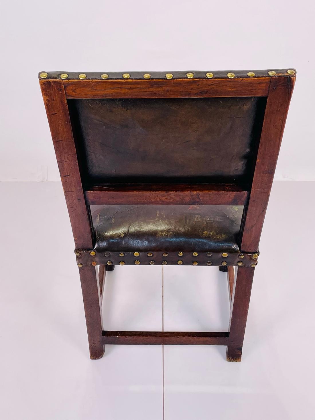 Antique Leather & Wood Chair With Painting on Seat & Backrest, Made in France 1