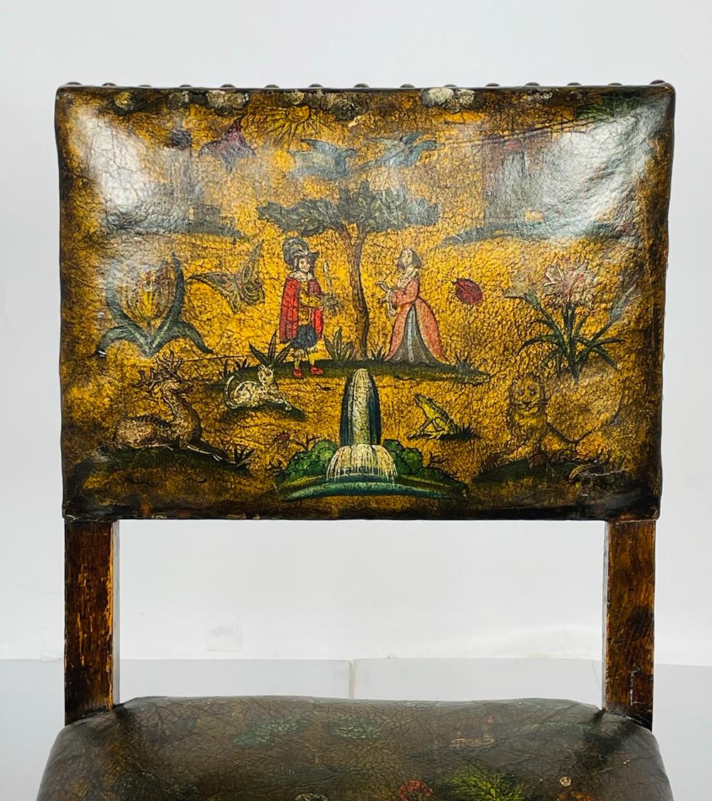 Antique Leather & Wood Chair With Painting on Seat & Backrest, Made in France 3