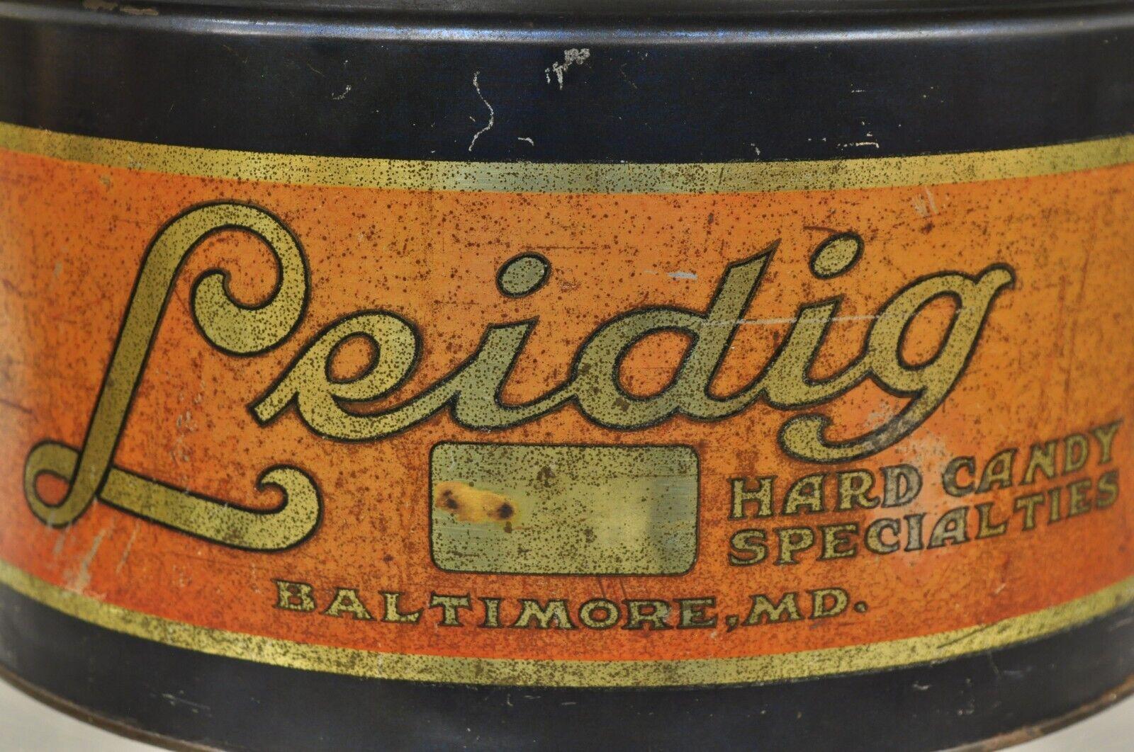 Art Deco Antique Ledig Hard Candy Tin Metal Round Lidded Advertising Can