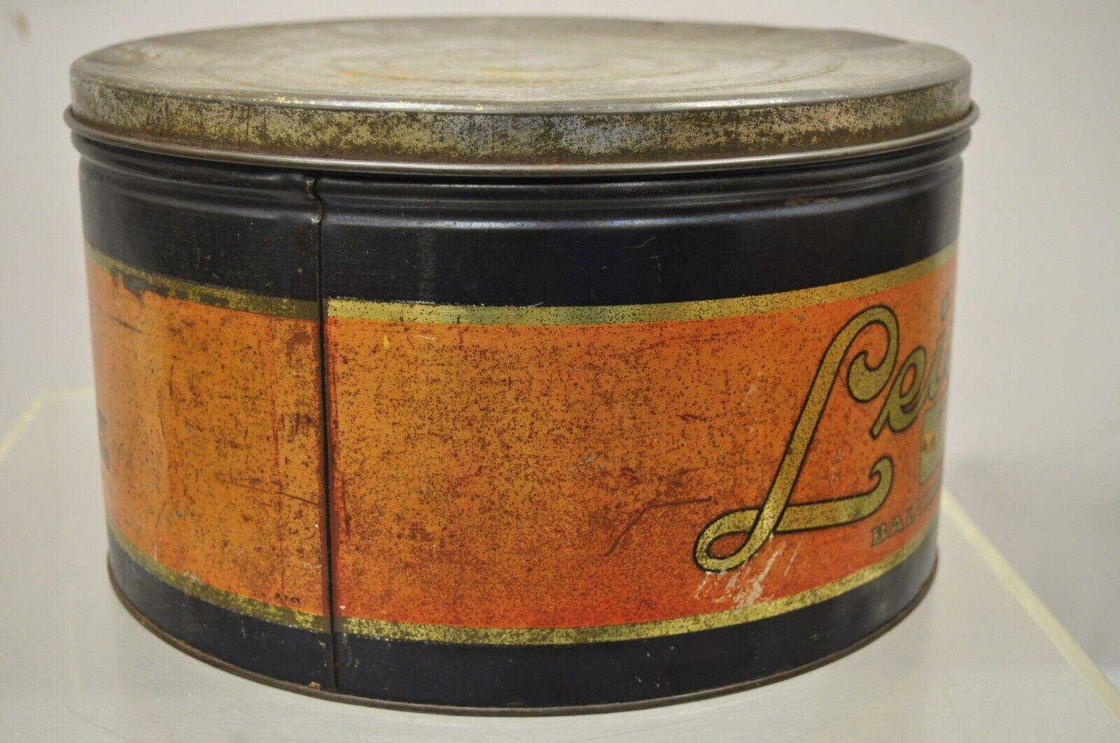 Antique Ledig Hard Candy Tin Metal Round Lidded Advertising Can In Good Condition In Philadelphia, PA