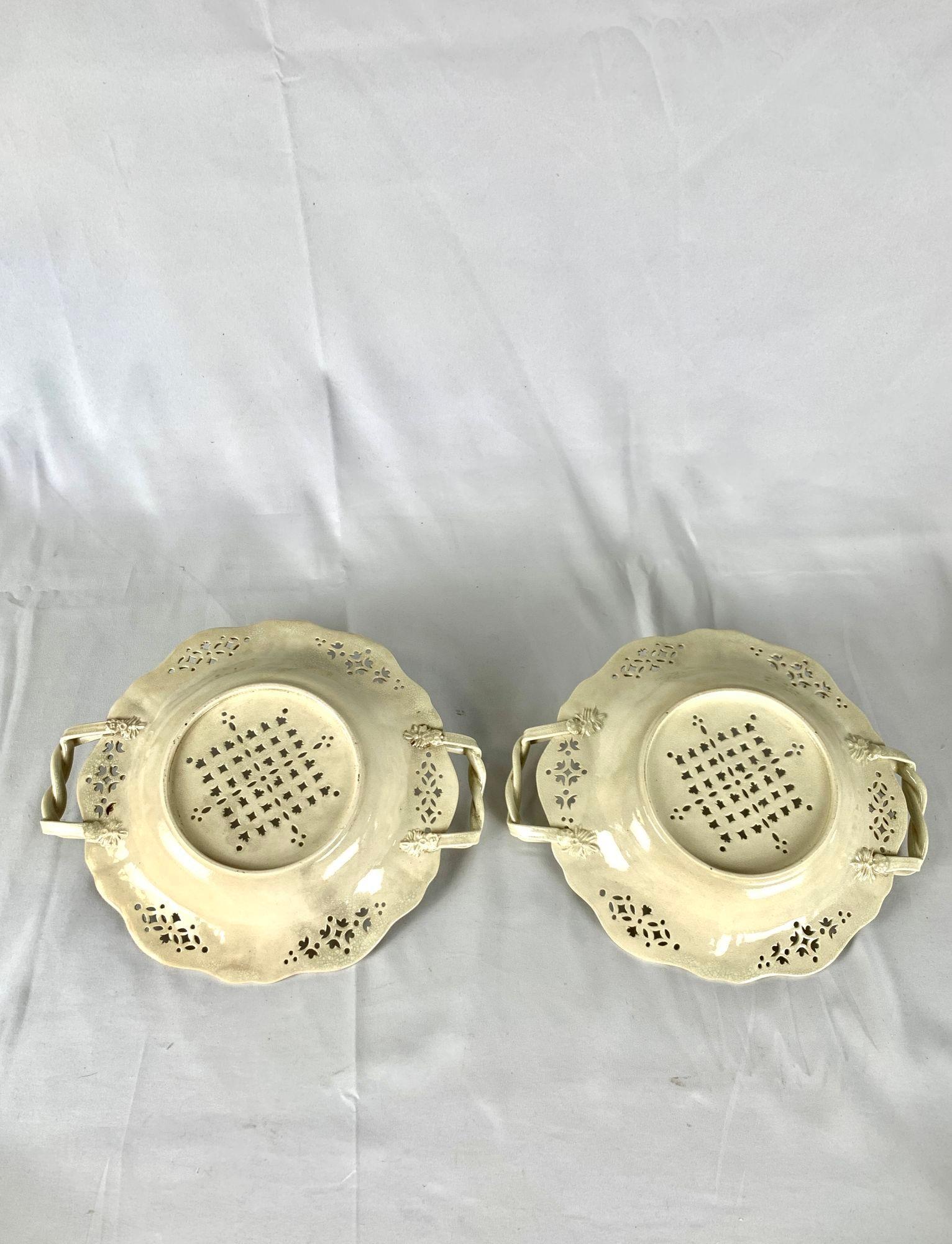 Molded Antique Leeds Pottery Creamware Berry Strainers Pair 19th Century England For Sale
