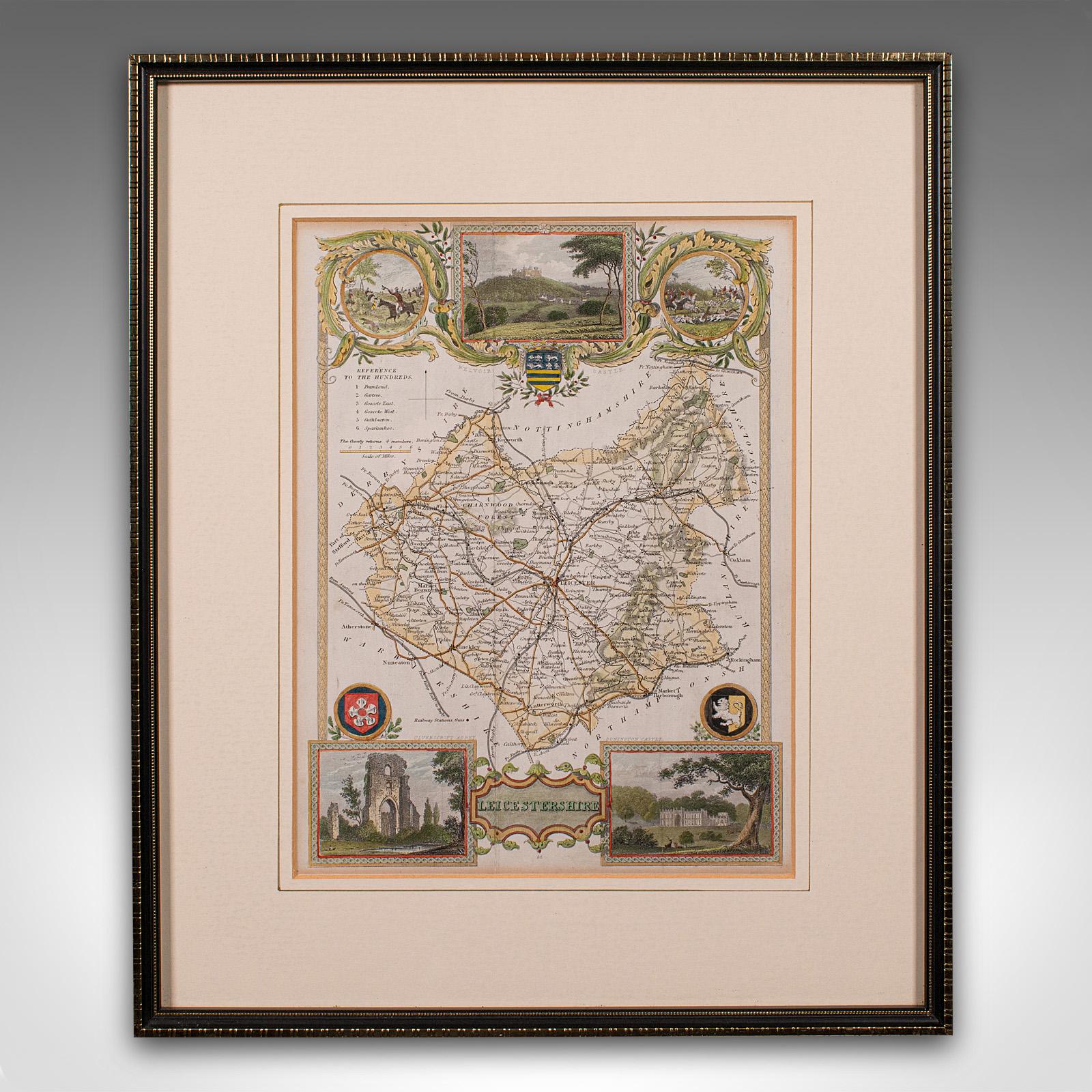 This is an antique lithography map of Leicestershire. An English, framed atlas engraving of cartographic interest, dating to the mid 19th century and later.

Superb lithography of Leicestershire and its county detail, perfect for display
Displaying