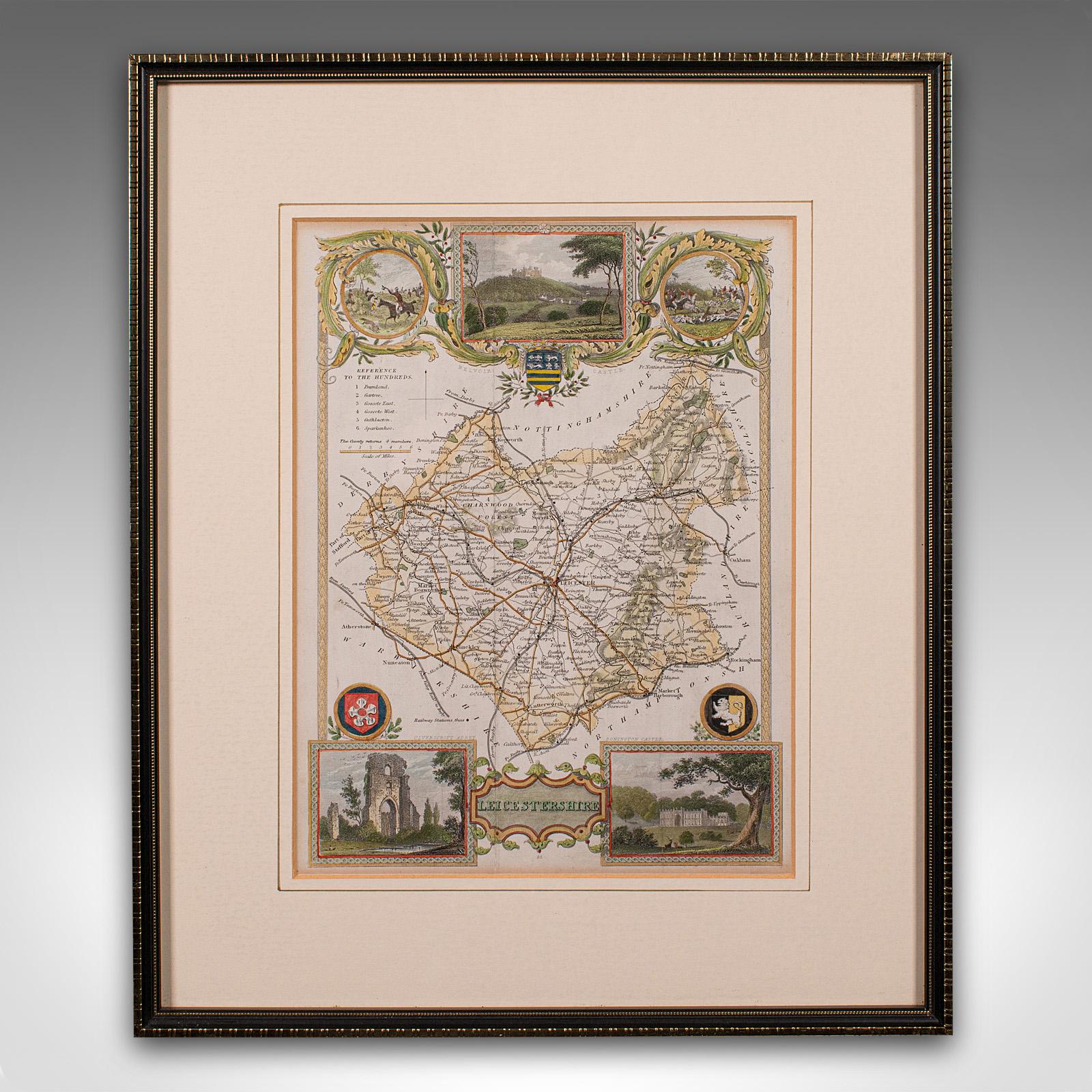 Dies ist eine antike lithographische Karte von Leicestershire. Ein englischer, gerahmter Atlasstich von kartografischem Interesse aus der Mitte des 19. Jahrhunderts und später.

Hervorragende Lithographie von Leicestershire und seiner Grafschaft